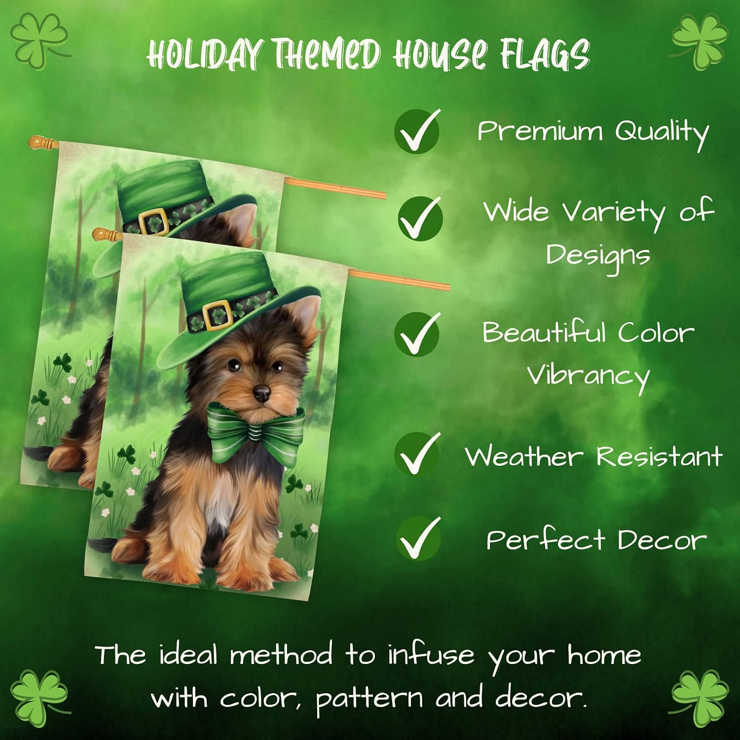 St. Patricks Day Irish Yorkshire Terrier Dog House Flag - Outdoor Double Sided Pet Portrait Weather Resistant Premium Quality Home Decorative Flags - 100% Polyester 29"w x 43"h, HFLG52197