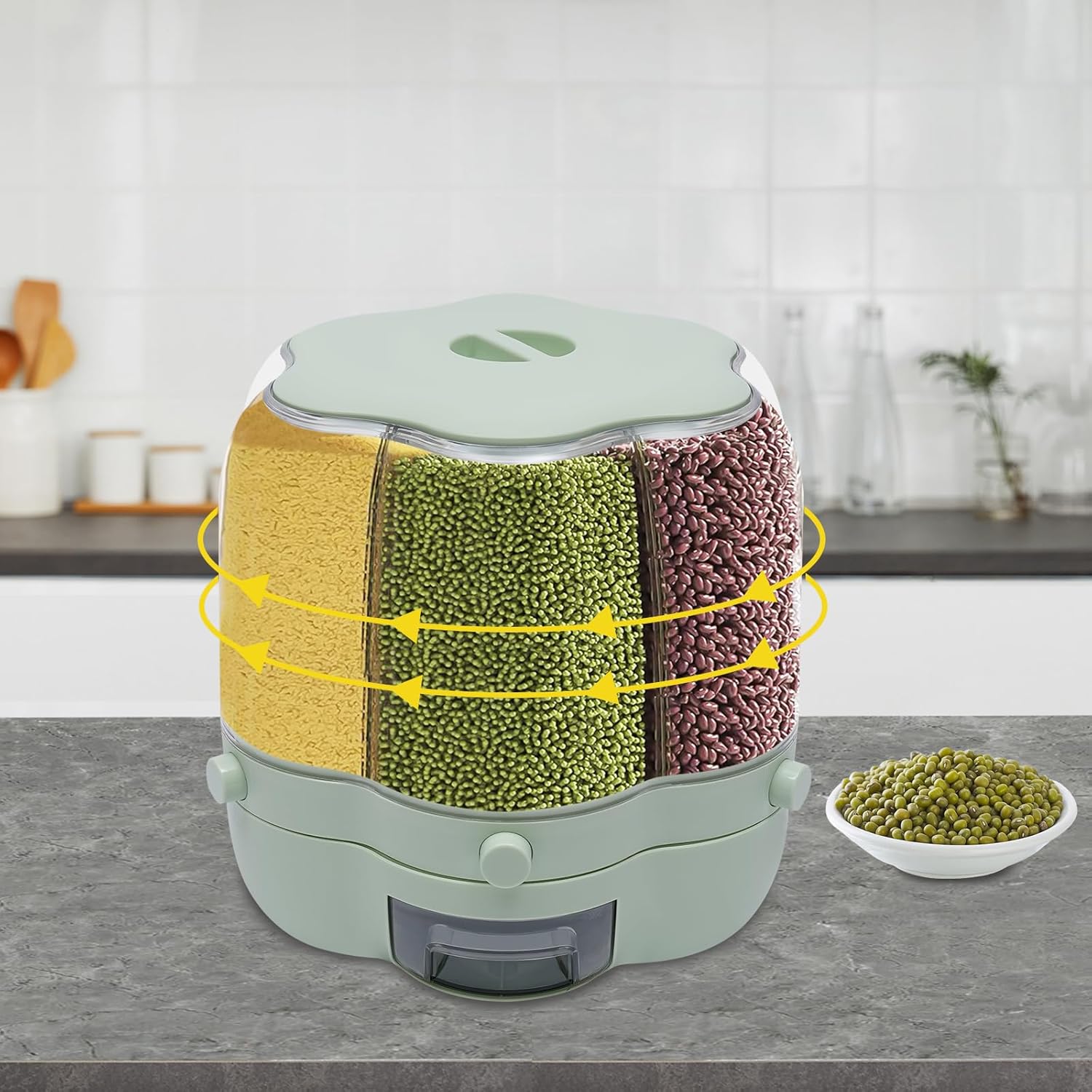 6 Grids Grain Dispenser Can, 360°Rotating Cereal Rice & Grain Storage Container with Lid Rotatable Sealed Food Storage Bucket Dry Food Dispenser for Grains Beans (17.63Lbs Matcha Color)