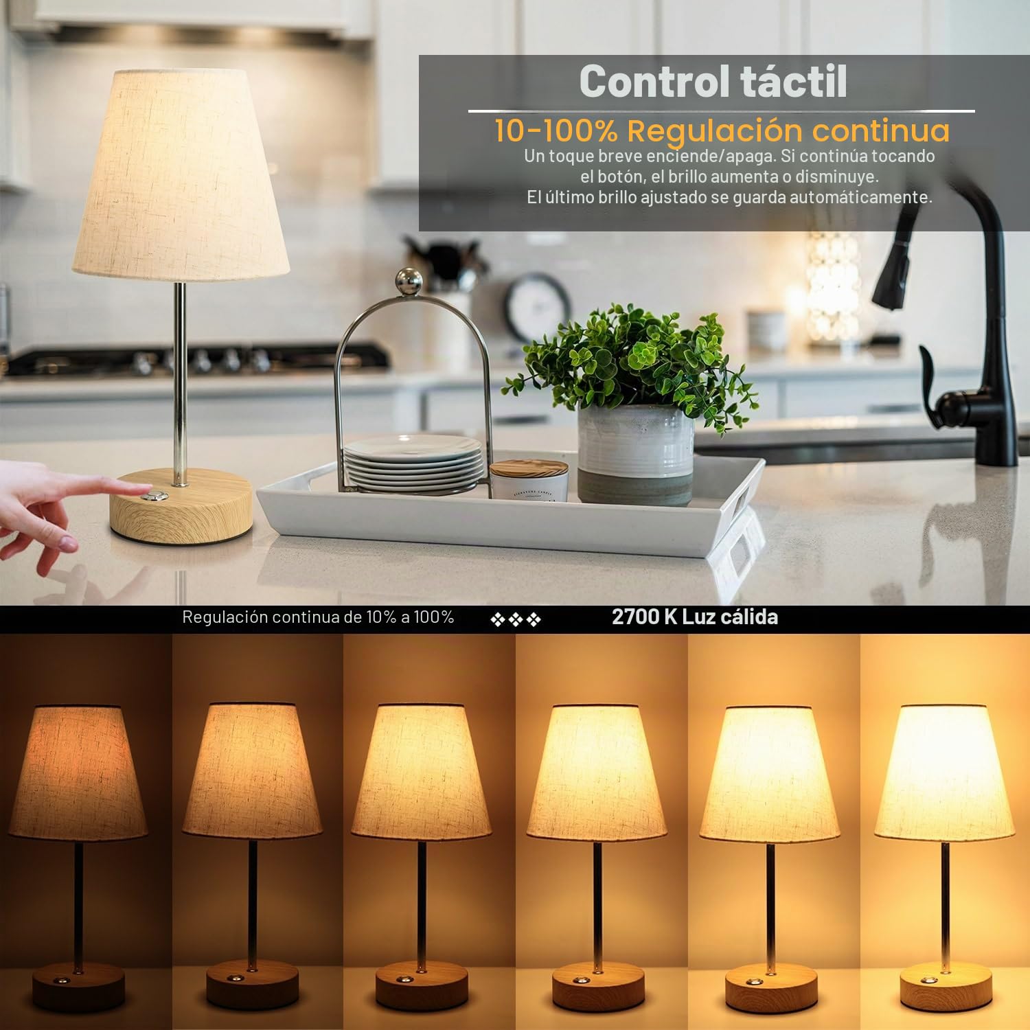 HSLighting Lámpara De Mesa Inalámbrica, Lámparas Sin Cables A Batería Pantalla De Tela Lámpara De Noche Recargable Ligera y Regulable Continuamente (Moderno, 2)