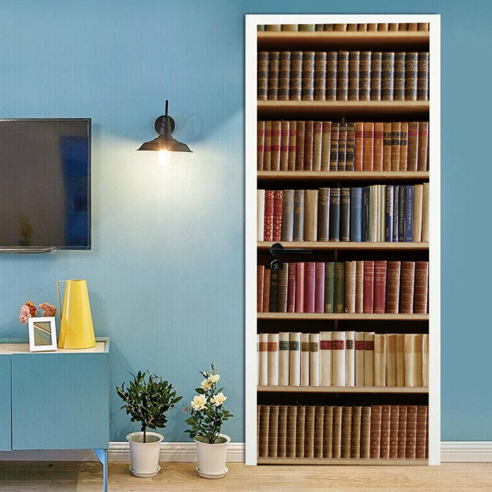 A.Monamour Adesivo Porta Autoadesiva 3D Vecchi Libri Su Sfondo Scaffale In Legno Scaffale Vinile PVC Adesivi per Porte Interne Pellicola Adesiva Poster Sticker Murale Parete Carta da Parati