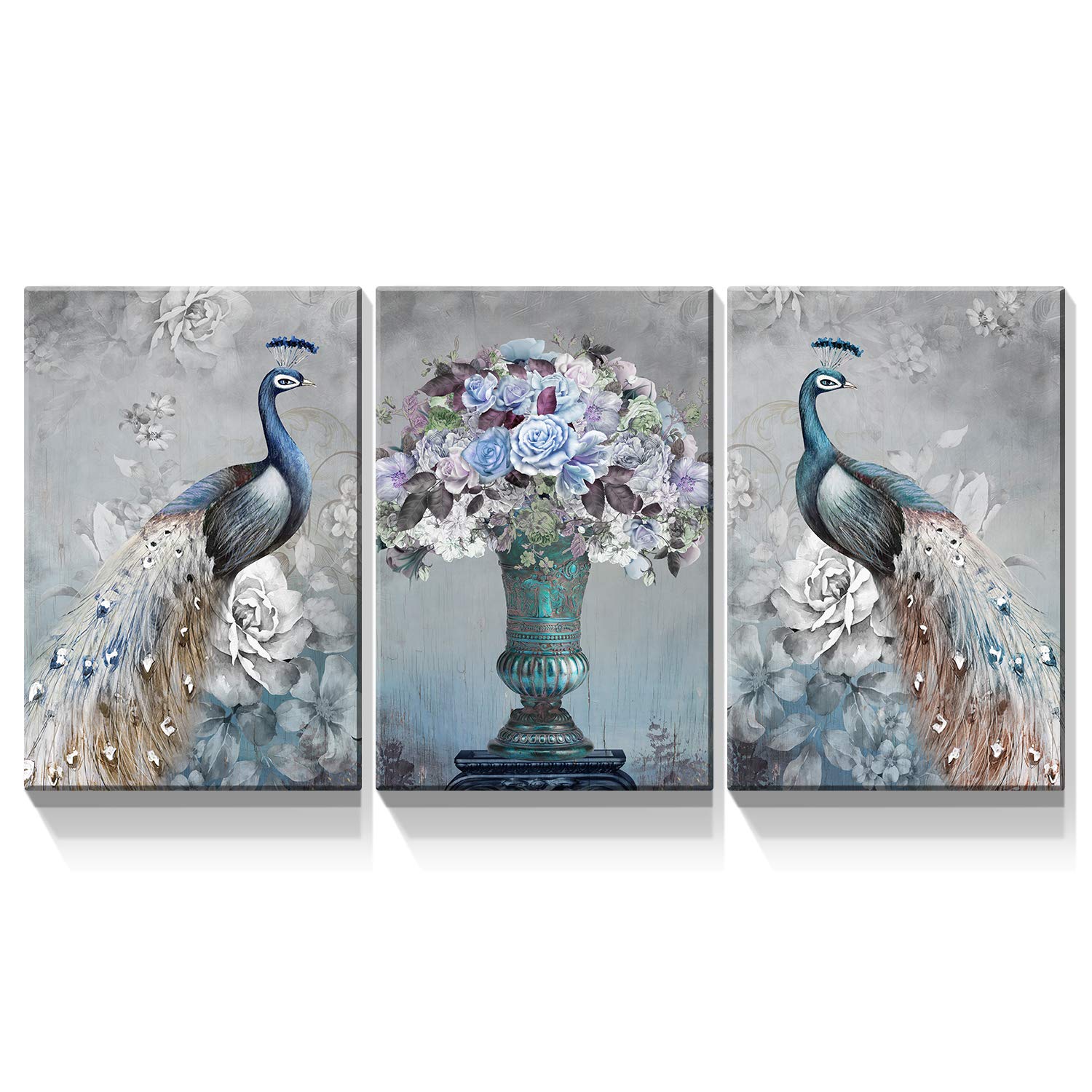 Denozer - 3 Panel Peacock Canvas Wall Art Paintings - Peacock Elegant Flower Pictures On Canvas Animal Wall Decor for Living Room Home Decor Stretched and Framed Ready to Hang - 16