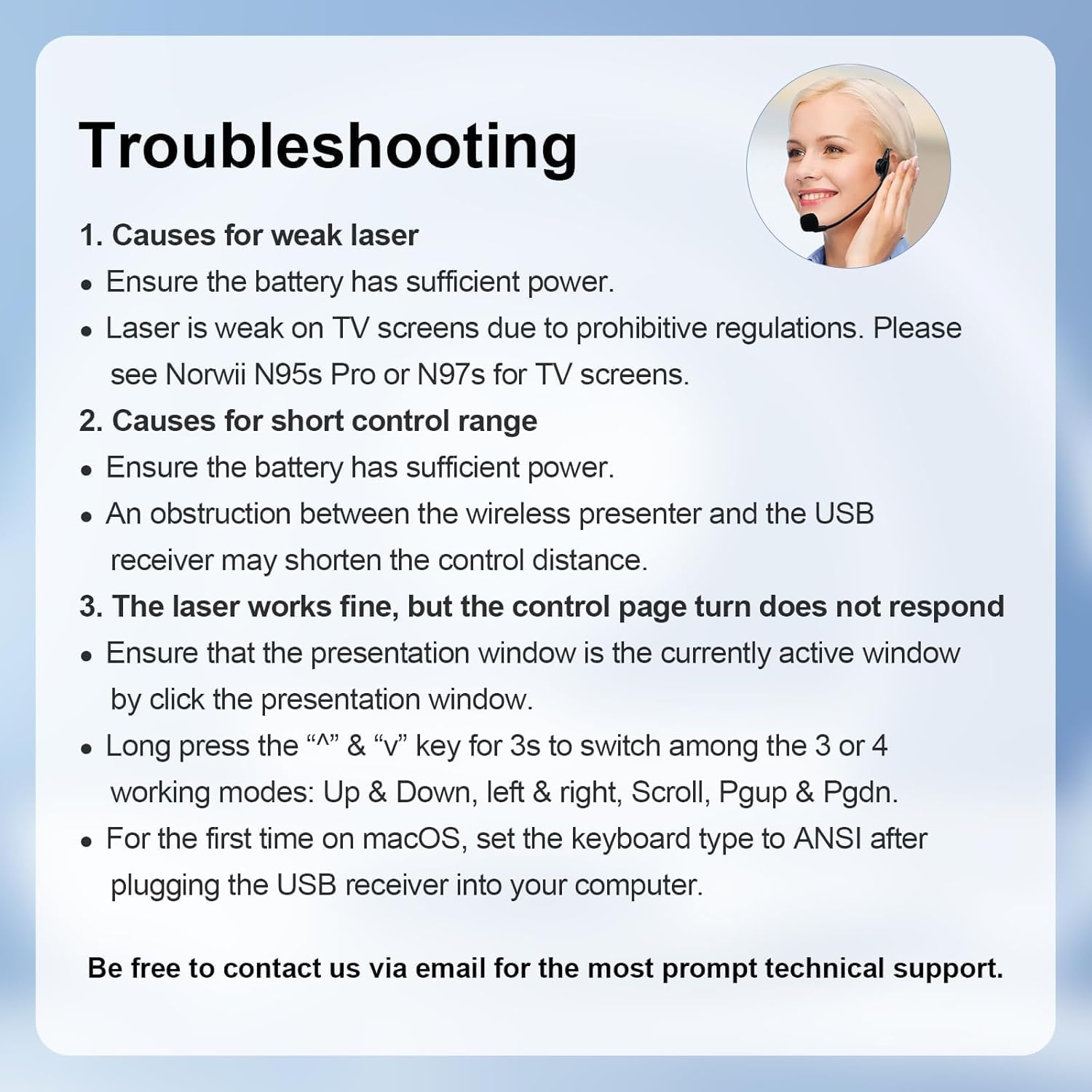 Troubleshooting guide for Norwii N26, detailing solutions for weak laser, short control range, and unresponsive page turns.