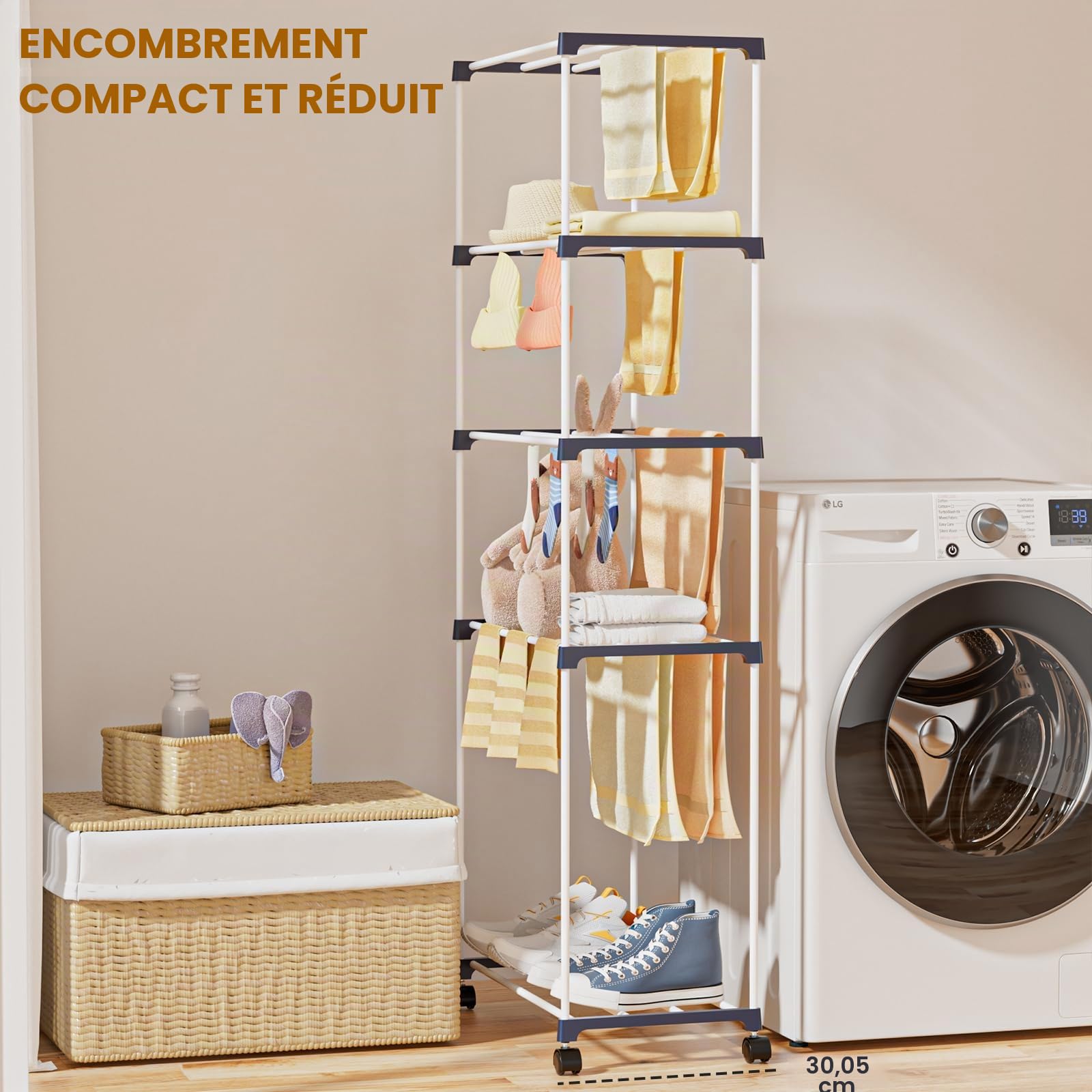 johgee Petit étendoir à linge, porte-serviettes autoportant, tour peu encombrante avec roues, support de séchage d'intérieur pour salles de bains, appartements et buanderies, 4 niveaux