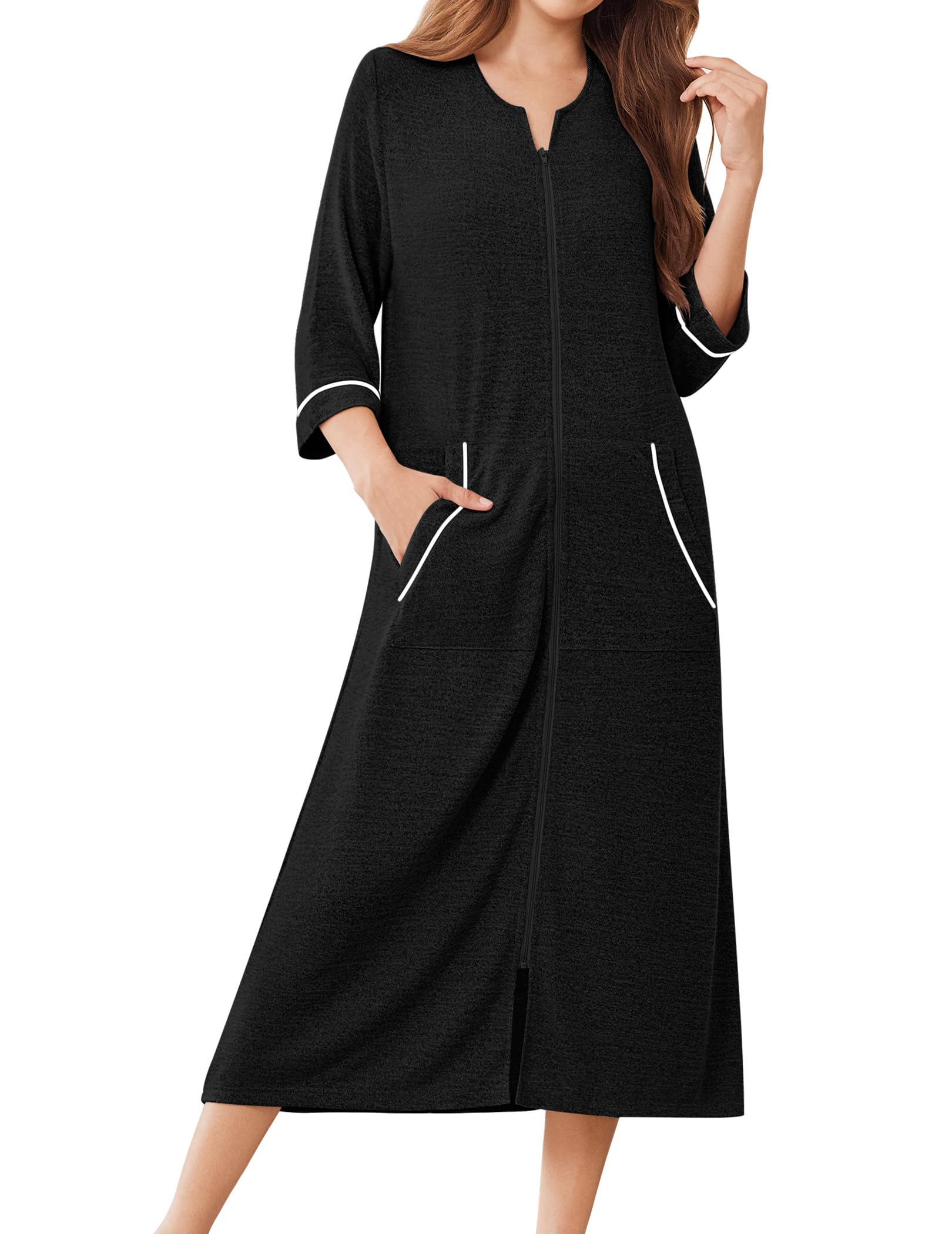 Ekouaer Zipper Robes for Women 3 4 Sleeve Bathrobe Lightweight House Coats for Women with Pockets Long Moo