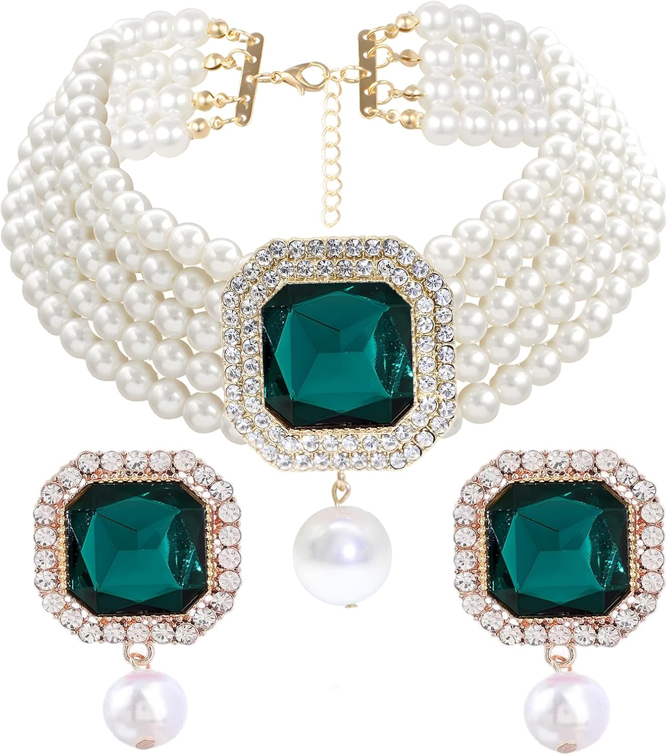 JNF Simulated Pearl Choker Collar Necklace for Women Gold-tone Crystal Rhinestone Pearl Statement Necklace and Earrings Bridal Pearls Diamond jewelry Set for Wedding