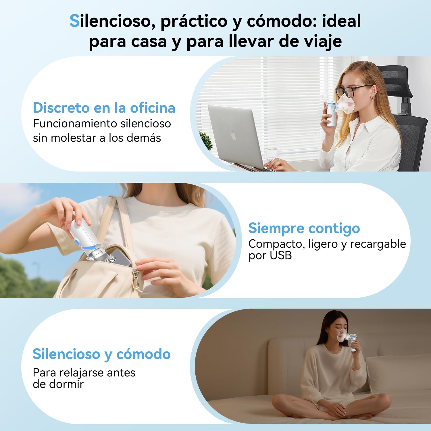 Nebulizador Adultos, Nebulizador Portátil Recargable para Adultos y Niños, Larair Nebulizador silencioso con función de autolimpieza y Volumen de pulverización Ajustable, Recargable y portátil.