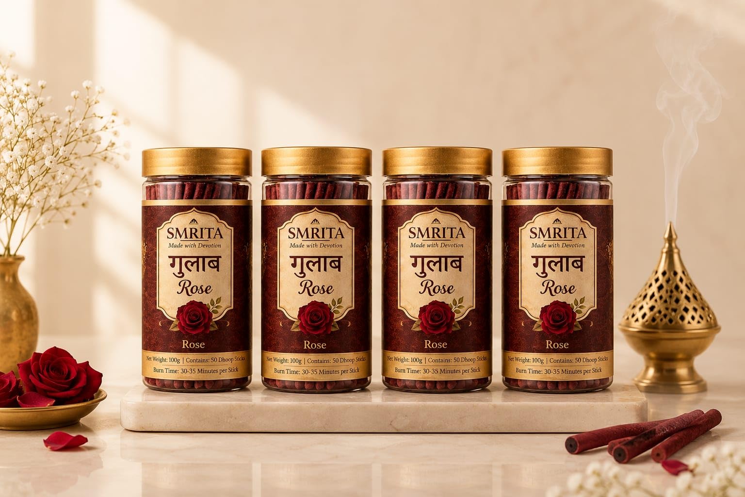 Premium Rose (Gulab) Dhoop Sticks 400g by SMRITA | Natural Herbs, Low Smoke, Chemical-Free, Wood-Free, Puja & Meditation-image-7