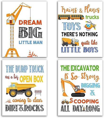 FALJIOK Decoración de construcción para niños, póster de construcción para guardería, cita inspiradora, vehículo de transporte, impresión artística