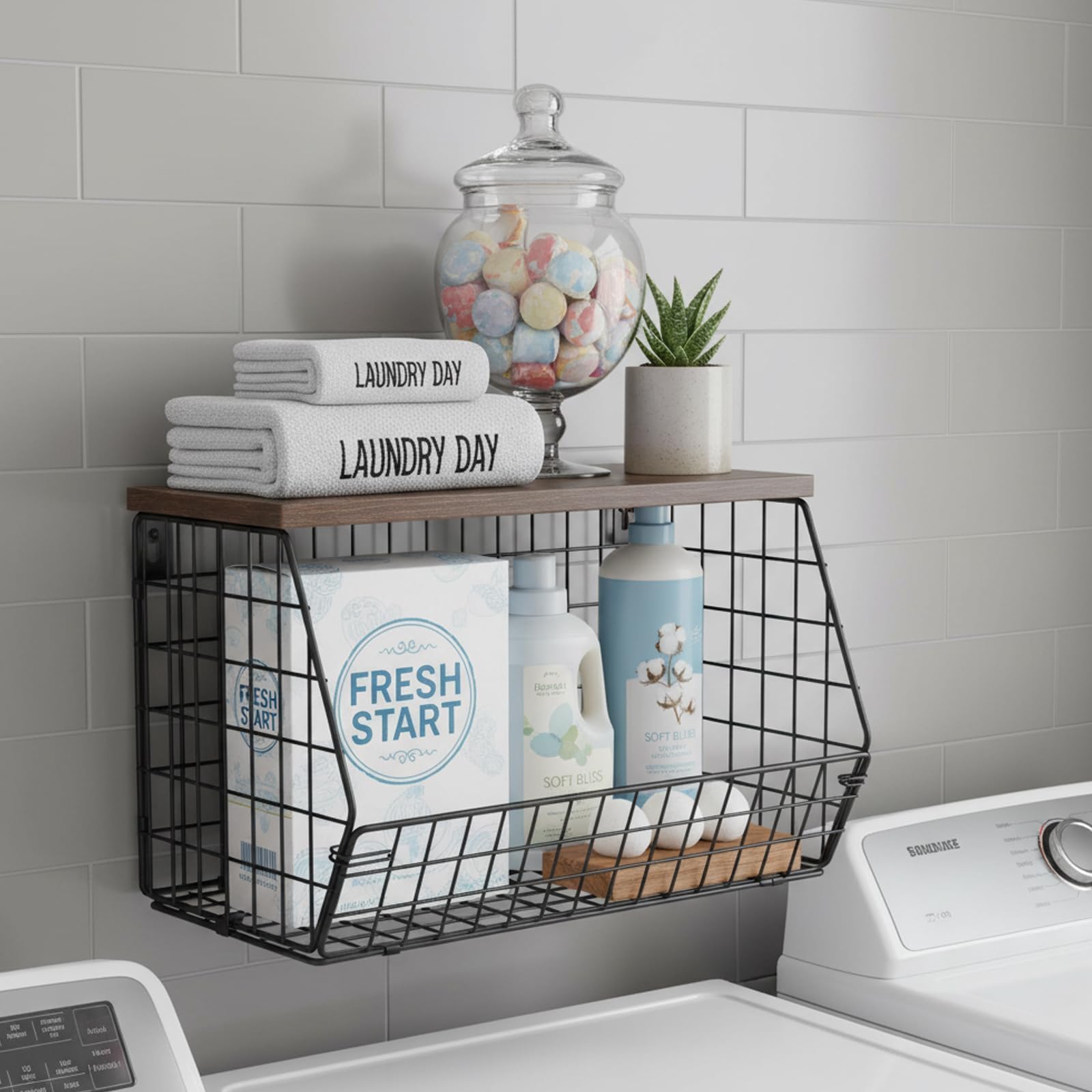 Laundry Room Shelf, Over Washing Machine Storage Unit with Hooks, Hanging Storage Baskets & Wall Organiser Metal Wood Material for Towels, Tissues, Detergent and Laundry Accessories