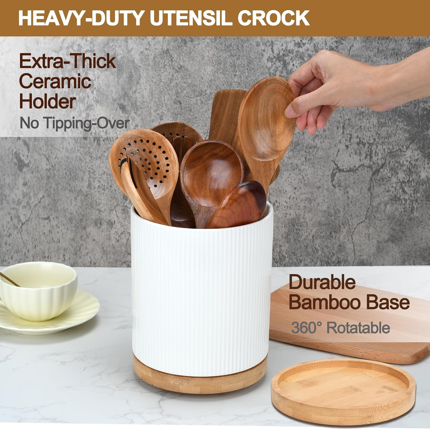 Modern Ceramic Kitchen Utensil Holder, White Ribbed Design with Bamboo Base, 360-Degree Rotating, 6.1 x 6.9 inch, Multi-Purpose Storage Crock (White)