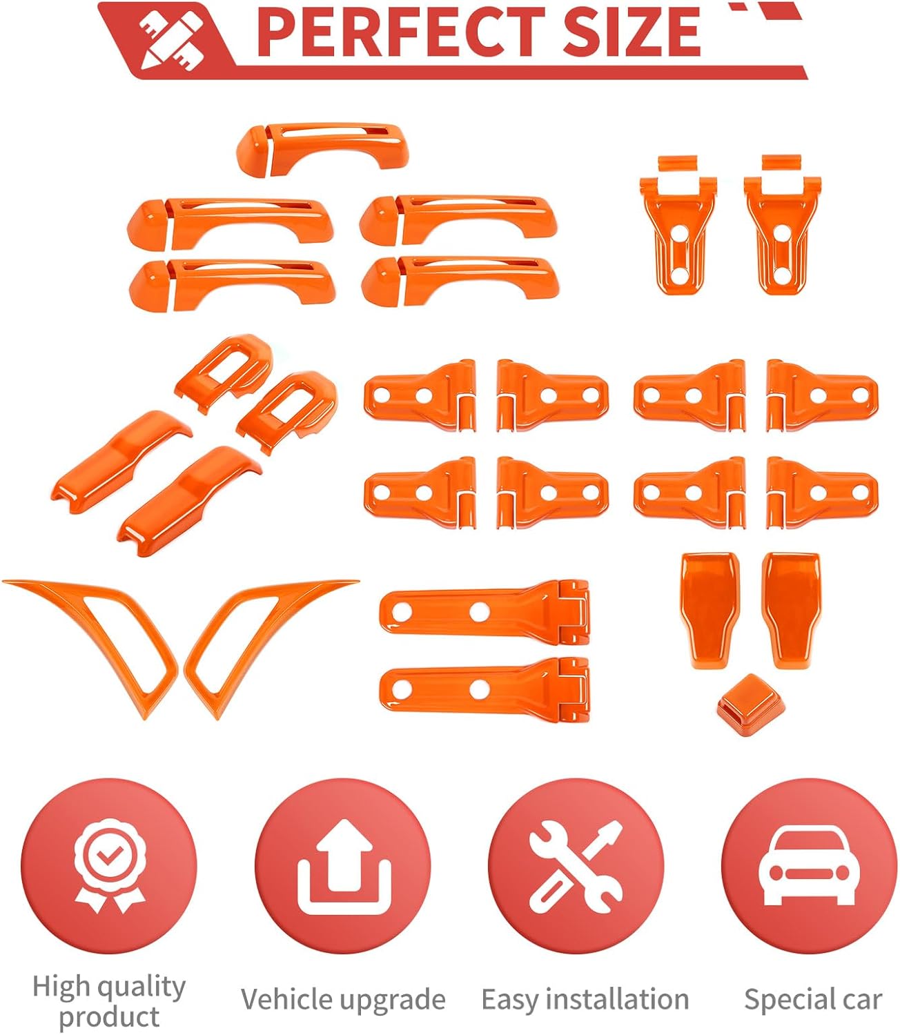 Full Set Exterior Decoration Trim Kit Fit for 2018-2026 Jeep Wrangler JL JLU, Full Coverage Door Handle Hood Hinge Hood Latch Side Air Vent Rear Tailgate Window Hinge Covers, 43PCS, Orange