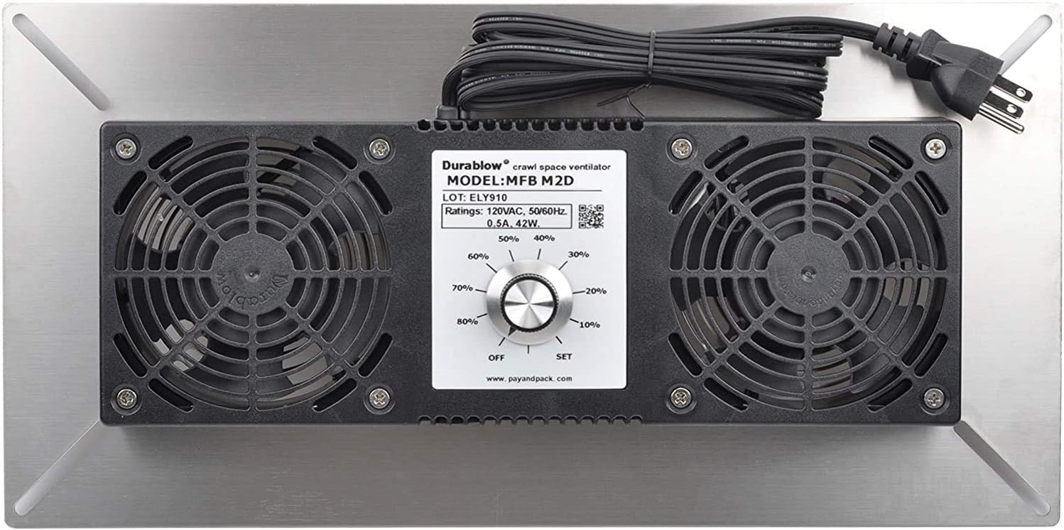 Durablow 220 CFM Air-Out Stainless Steel Crawl Space Vent Fan, Dual Fans with Dehumidistat & Thermostat, Foundation Vent, Radon Mitigation, for Crawl Space, Basement (Stainless Steel, M2D)