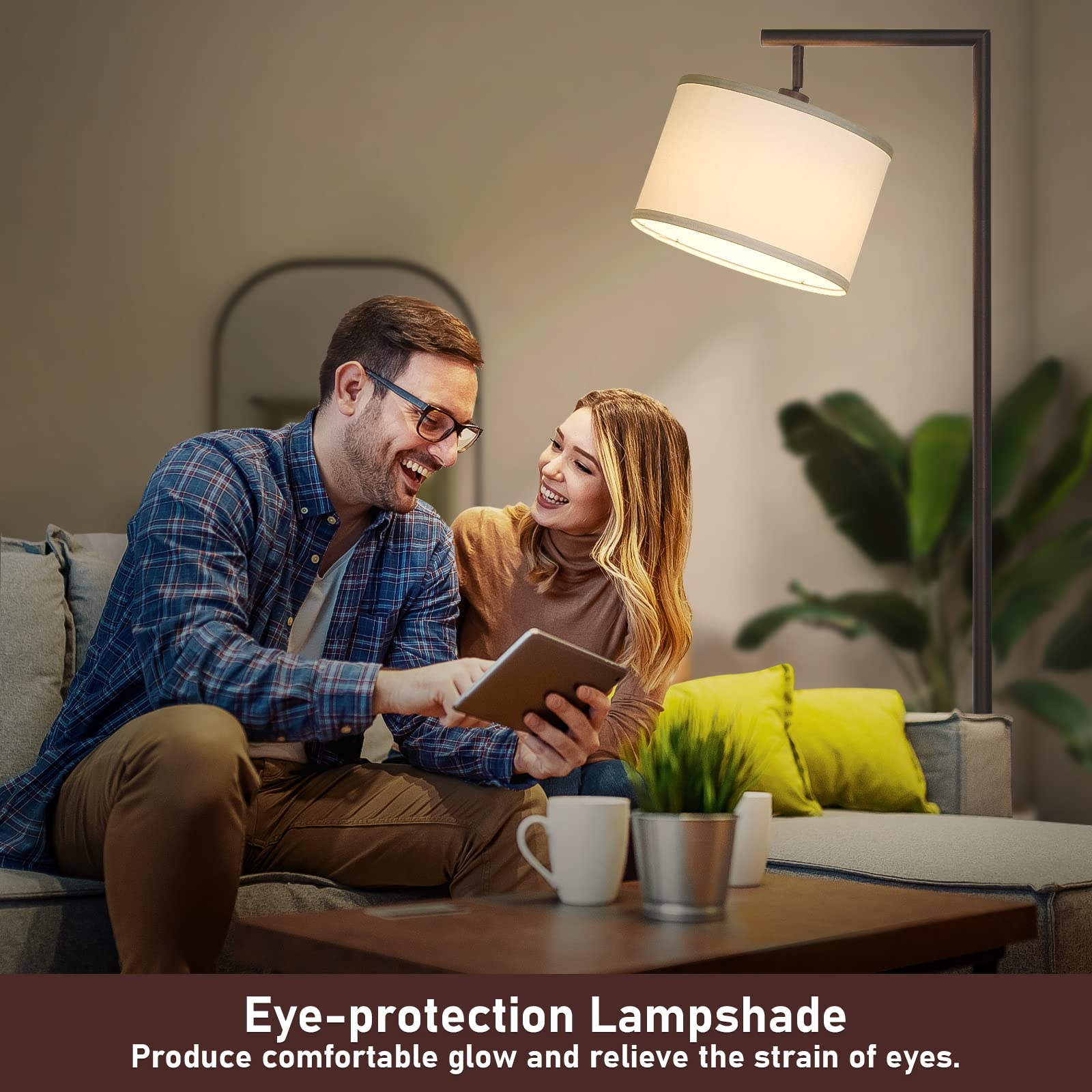 Fully Dimmable Floor Lamp, Brown Floor Lamp with Adjustable Hanging Shade & Foot Switch, Modern Arched Reading Lamp Corner Light Standing Lamp for Living Room, Office, LED Bulb Included