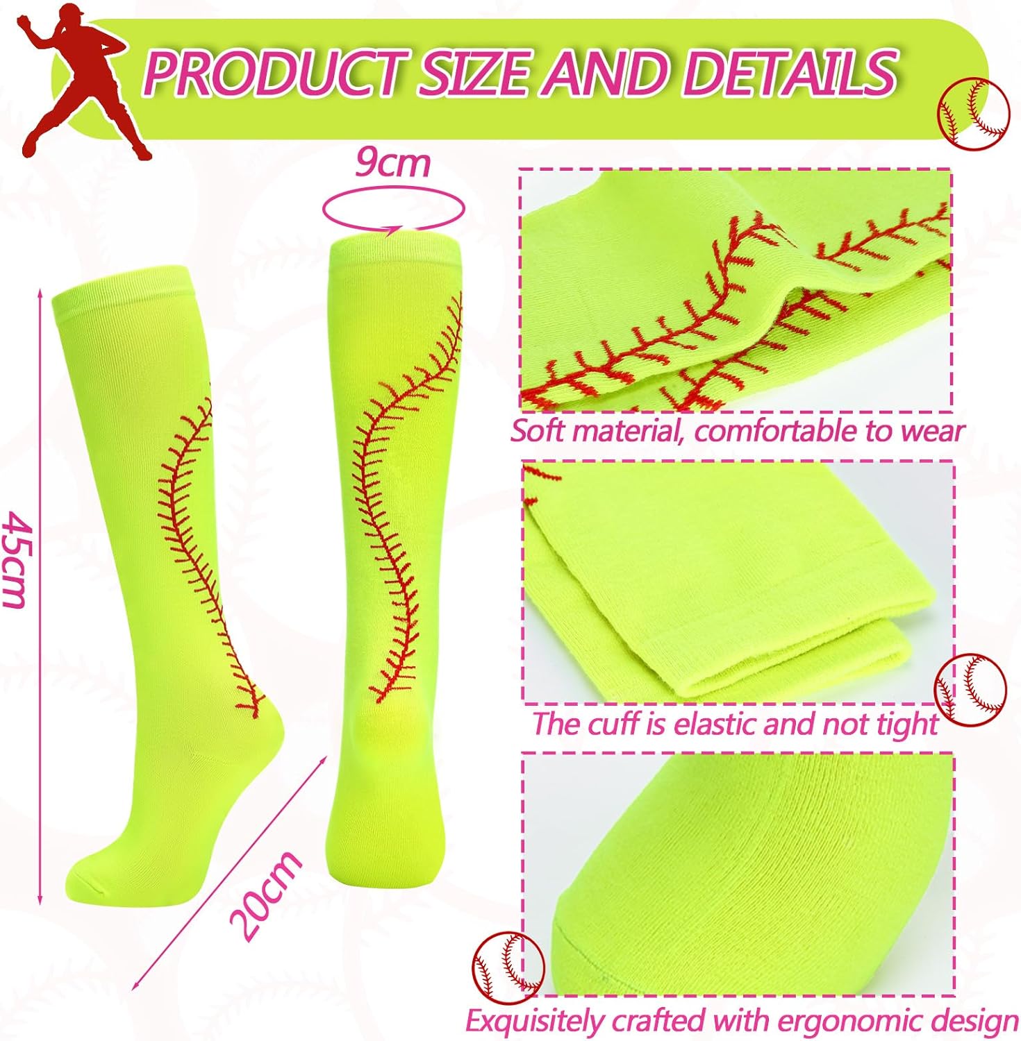 6 Pairs Softball Socks for Girls Youth Women Yellow Neon Knee High Athletic Socks for Girls Birthday Sport Gifts - Image 4