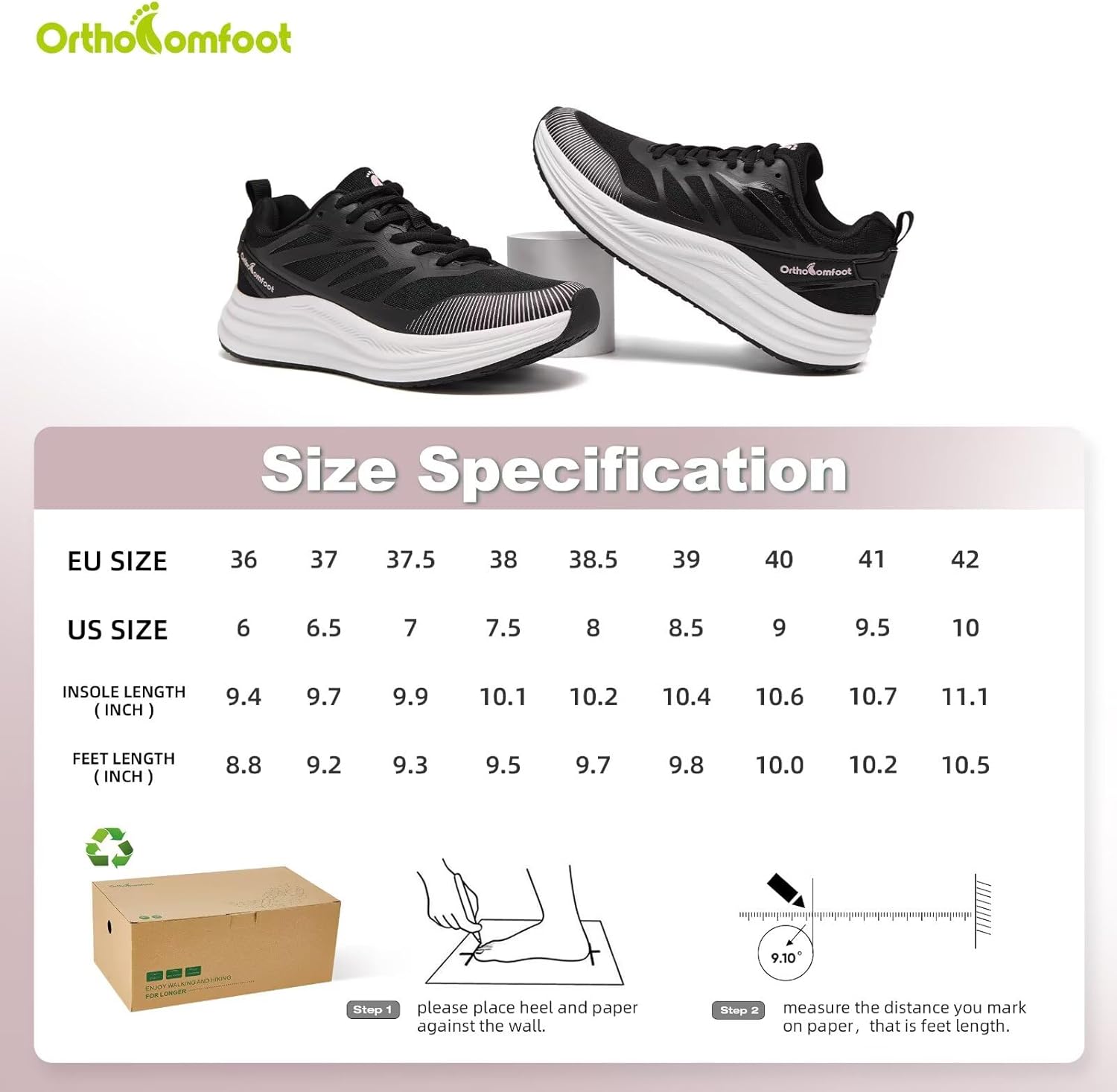 Women's Orthopedic Road Running Shoes: Comfortable Arch Supports Plantar Fasciitis Orthotic Sports Athletic Sneakers, Casual Flat Feet High Arch Tennis Work Walking Shoes for Foot Heel and Pain Relief - Image 9