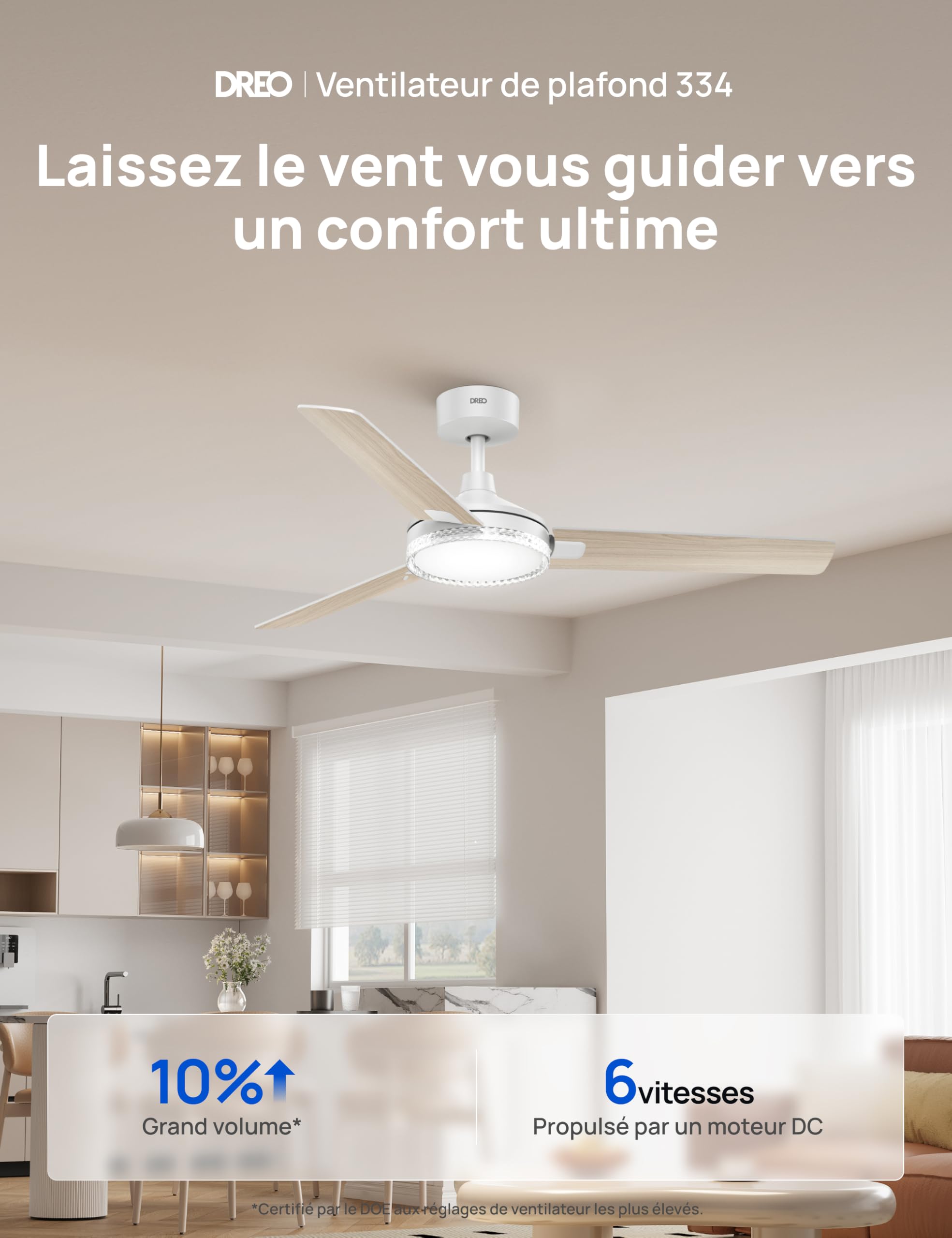 DREO ventilateur de plafond avec lumière et télécommande 132 cm, ventilateur blanc, 5 températures de couleur CCT, LED dimmable 6 niveaux, 6 vitesses, moteur CC réversible silencieux, minuterie 1/4/8h