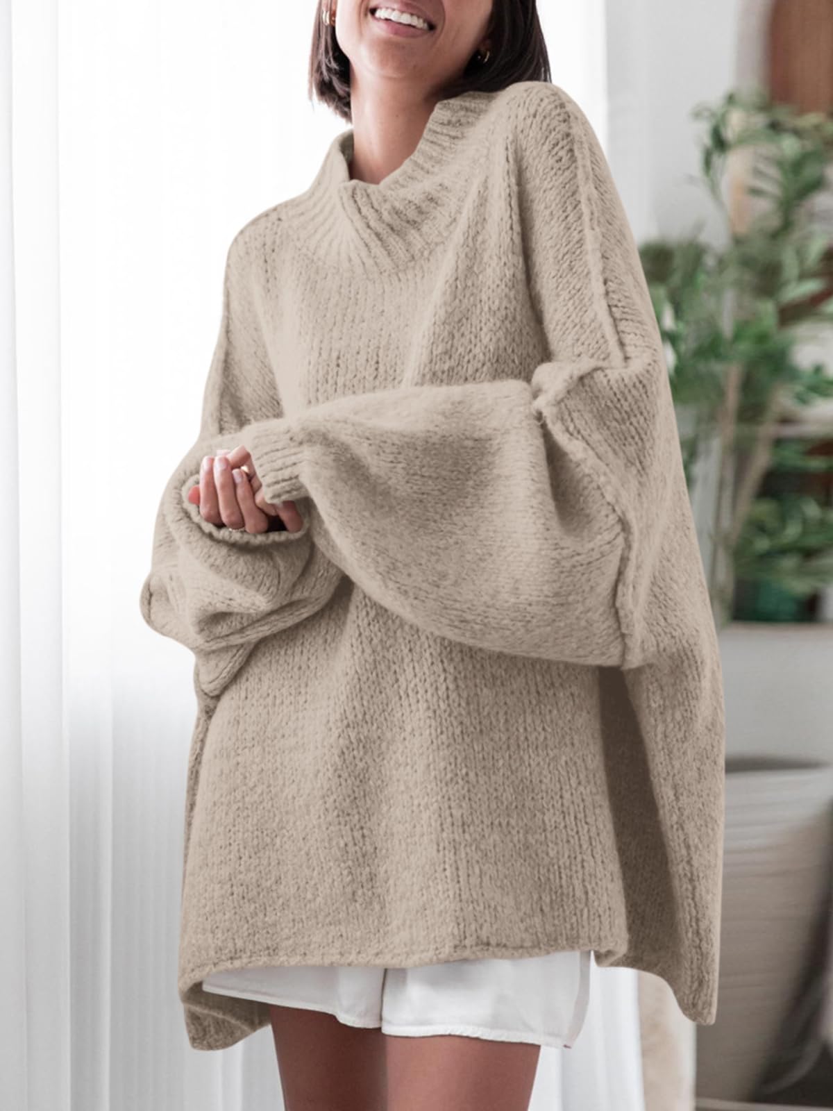 Saodimallsu Maglione da Donna, Oversize, Maniche a pistrello, in Tinta Unita, Elegante, a Collo Alto, Invernale, Casual, Lavorato a Maglia