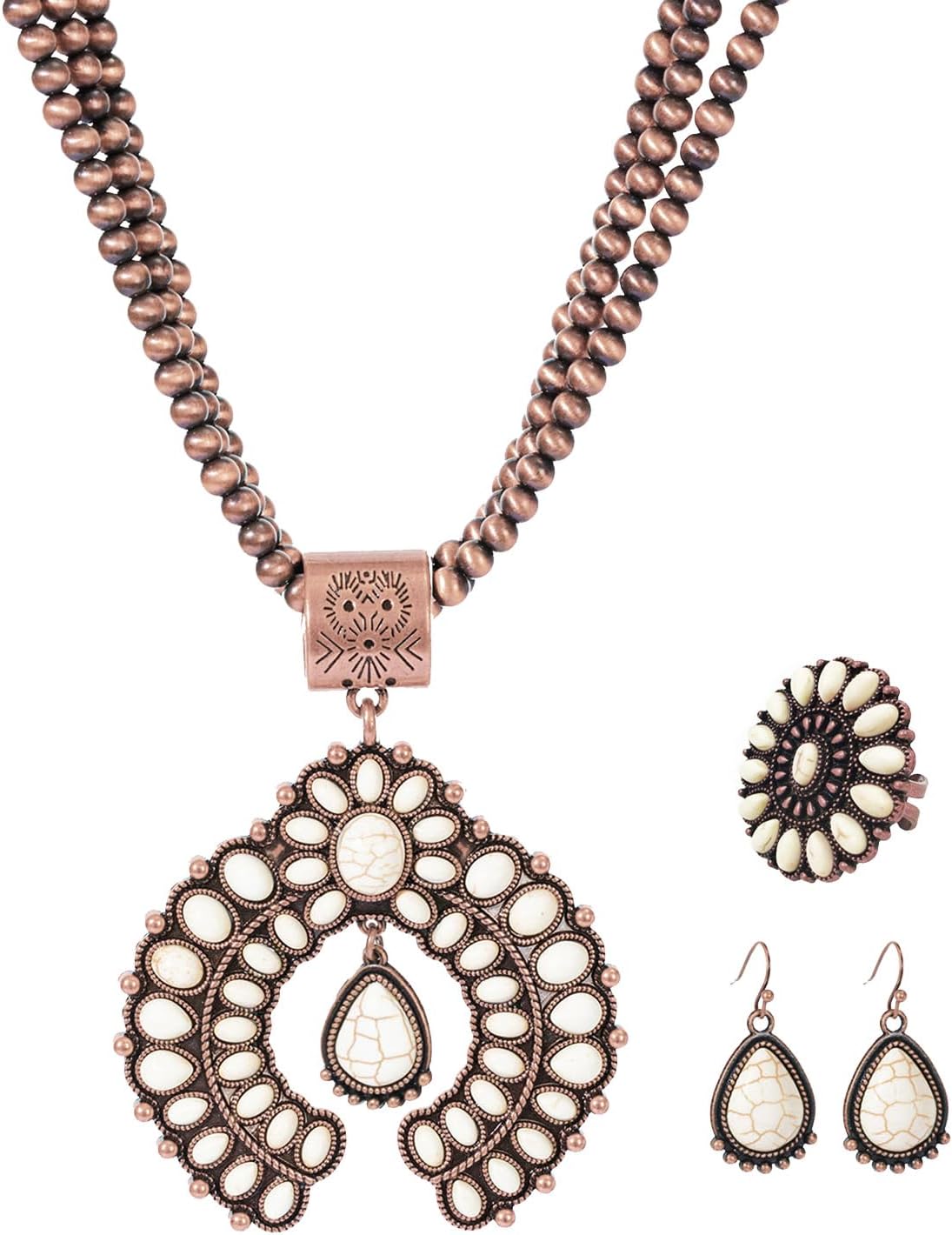 TOPACC Navajo Pearl Necklace Western Jewelry Set for Women Turquoise Necklace with Earrings Ring Cowgirl Accessory