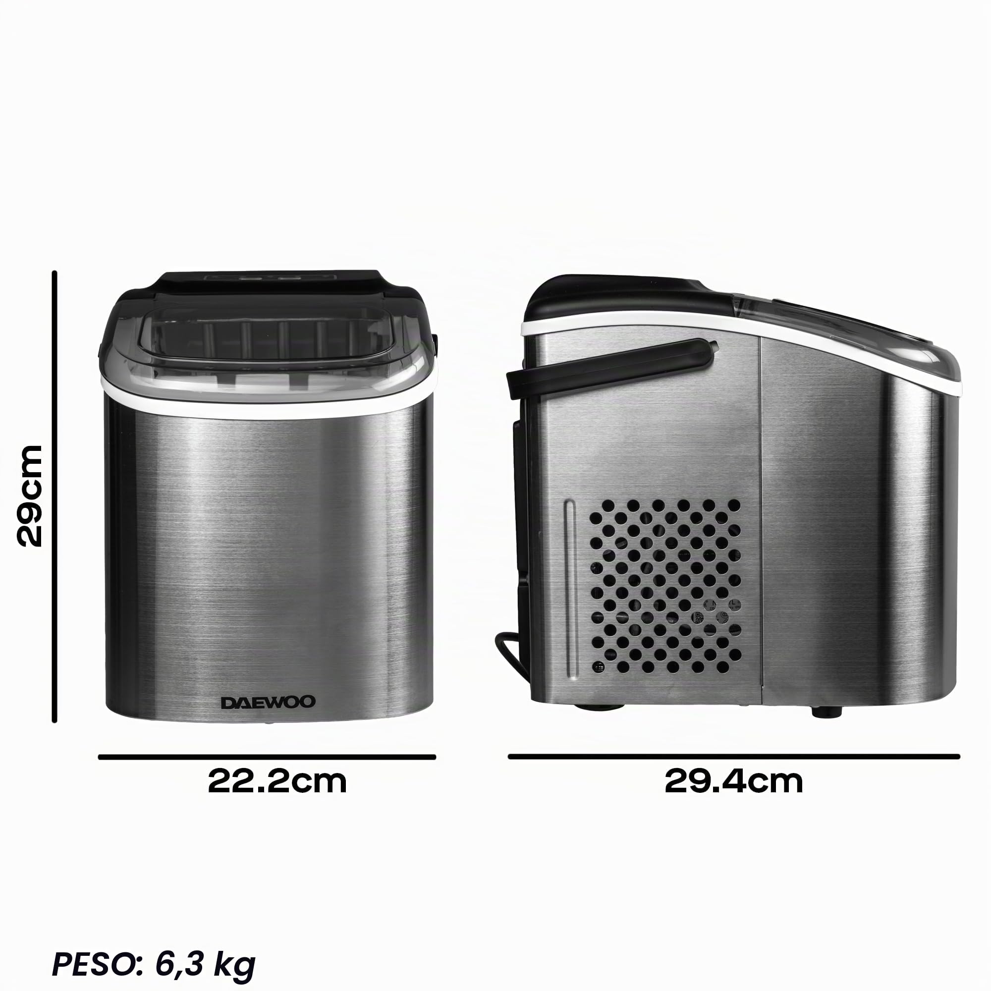 Daewoo Máquina de hielo portátil de 12 kg con asa, 9 cubos de bala en 6 minutos con 2 opciones de tamaño, 12 kg en 24 horas, autolimpieza, cuchara y cesta de hielo incluidas, para bar, hogar, oficina
