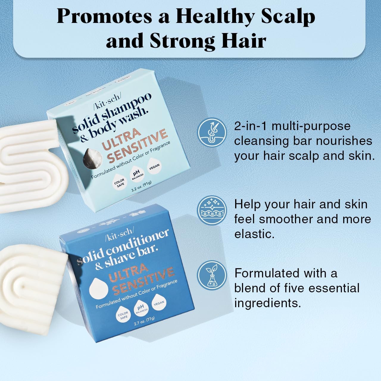 Kitsch 2-in-1 Ultra Sensitive Shampoo Bar & Body Wash + Conditioner Bar & Shaving Soap – Fragrance-Free Bar Soap for Sensitive Skin & Scalp - For Healthy, Radiant Hair and Skin - Made in USA – 2pcs - Image 2