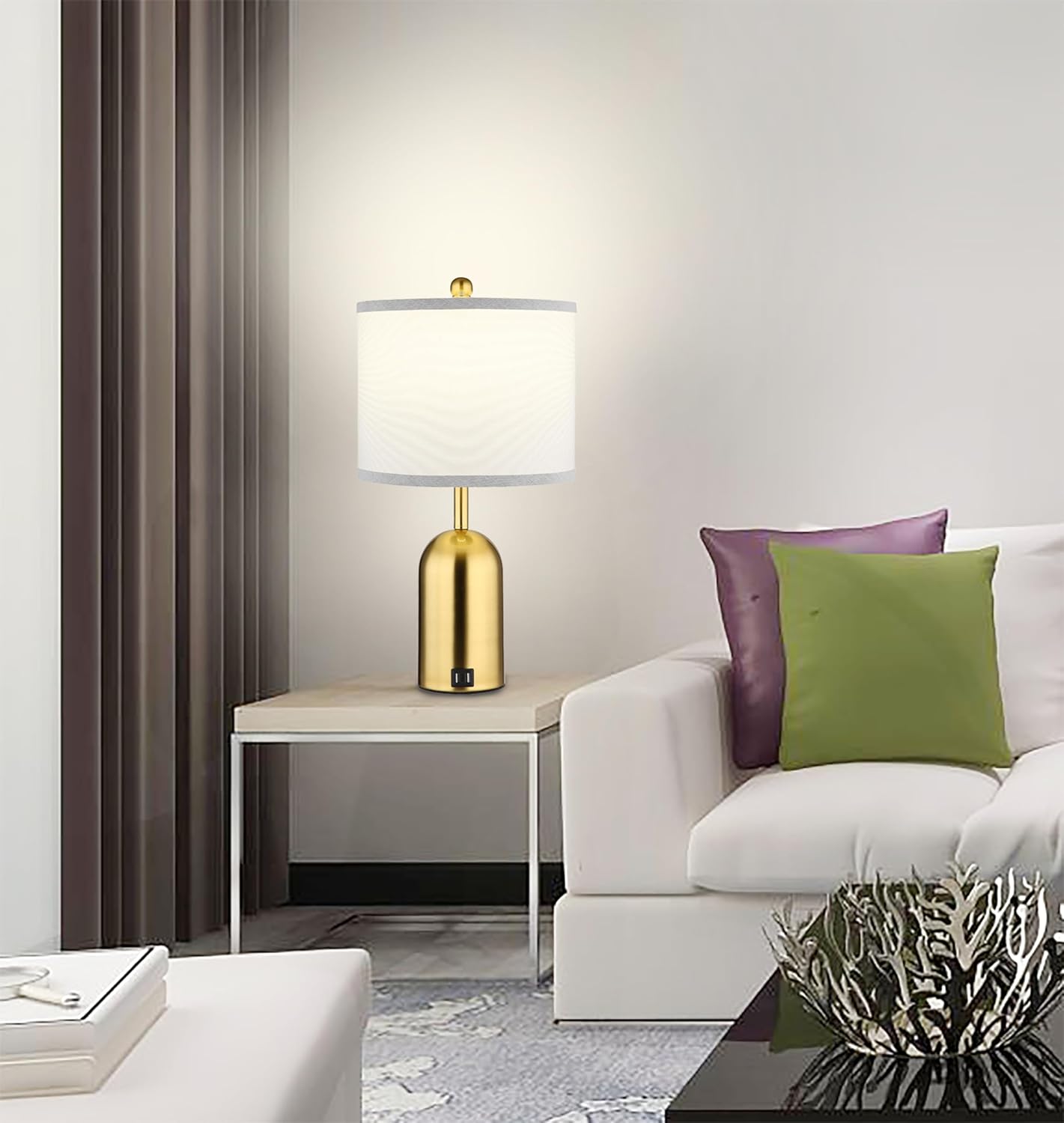 Touch Dimmer Table Lamp for Bedroom,Bedside Lamp with USB Port Elegant Nightstand Lamp with Fabric Shade,Gold Modern Desk Lamp for Living Room,Office,Bulb incl.