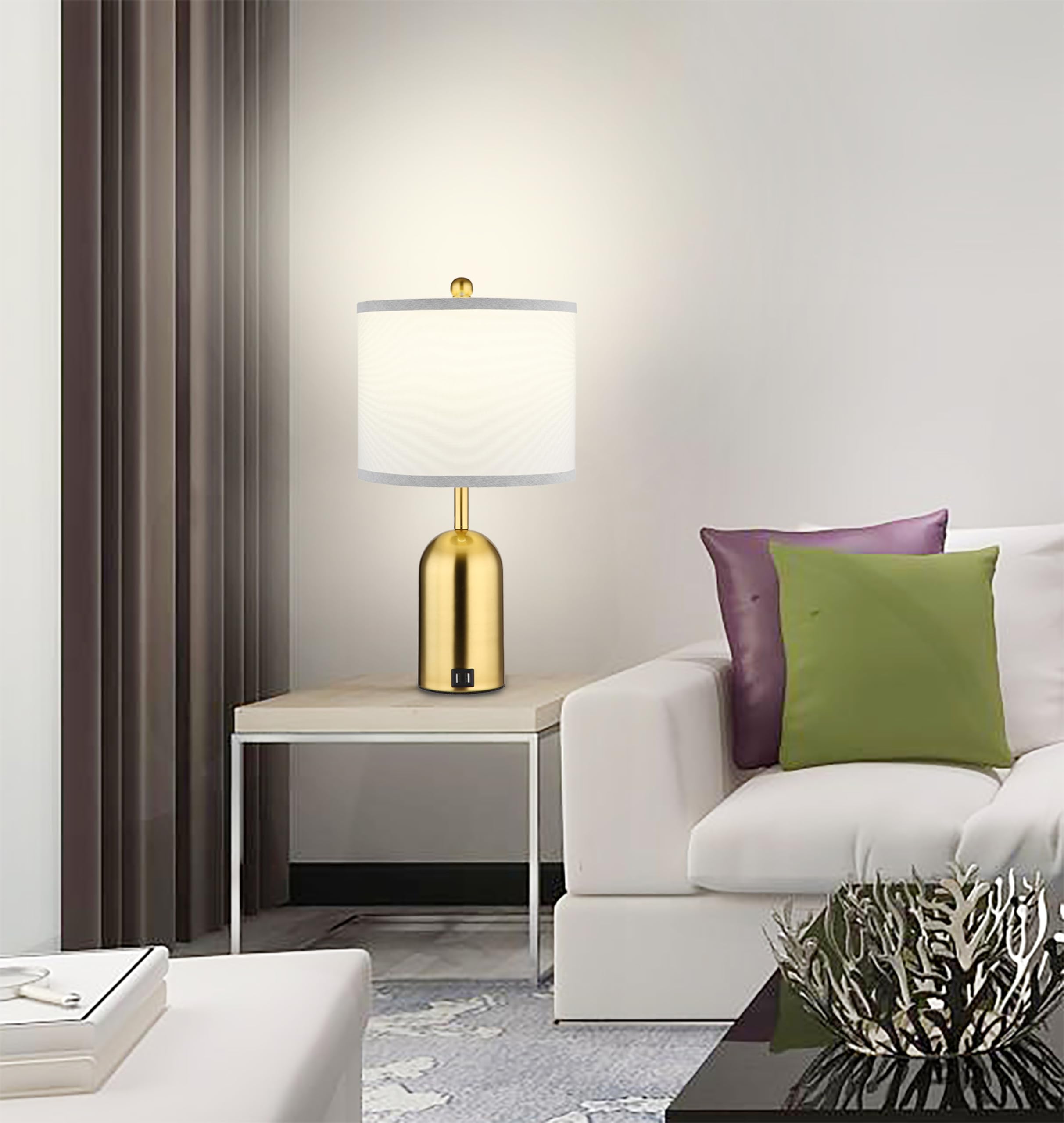 Ldeco Touch Dimmer Table Lamp for Bedroom,Bedside Lamp with USB Port Elegant Nightstand Lamp with Fabric Shade,Gold Modern Desk Lamp for Living Room,Office,Bulb incl.