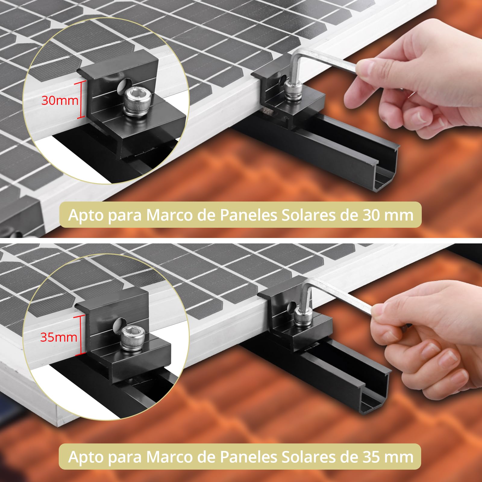 Anbte 6 Piezas Kit Soportes de Paneles Solares, 6 Rieles Perfiles de Aluminio de 200 mm, 6 Abrazaderas para Panel Solar de Z de 30 mm / 35 mm,18 Tornillos para La Instalación de Paneles Solares-Negro