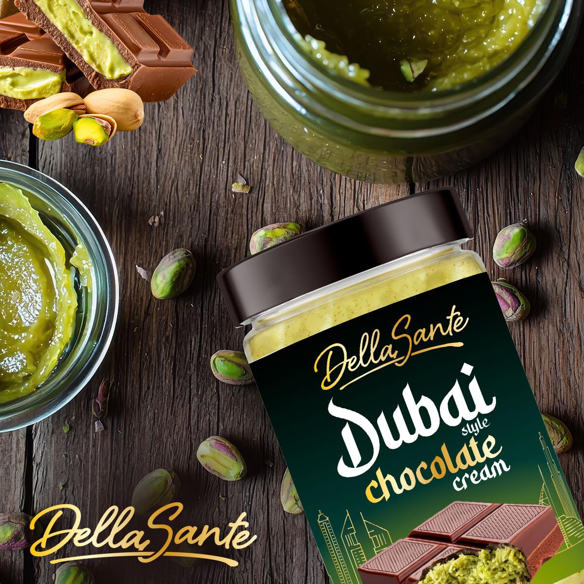 DellaSante – Krem pistacjowy Dubai Style 8x190g, z ciastkami Kadayif, słodka pasta do smarowania, kremowa pasta pistacjowa do deserów i ciast, słodki orientalny krem