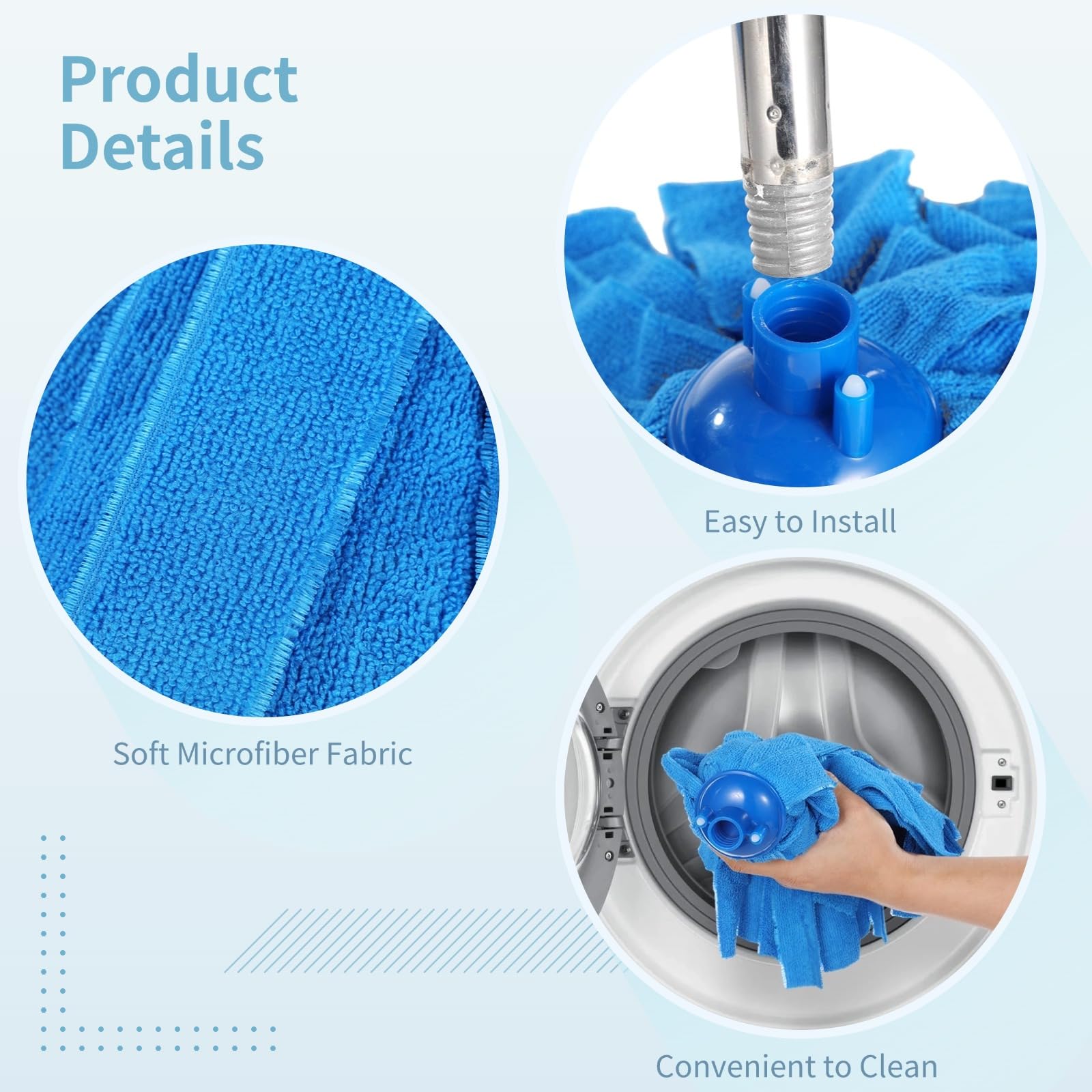 6 cabezales de fregona de microfibra azul, alta absorción, recambios húmedos y secos, compatibles con postes roscados estándar 3/4, limpieza multidireccional
