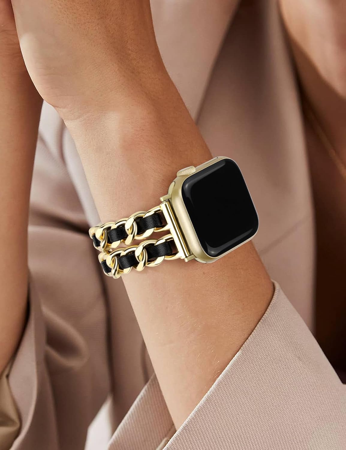 JR.DM Gold Watch Bands for Women Compatible with Apple Watch Band Leather 42mm(S3/2/1) 44/45/46/49mm Adjustable Metal Bracelet for iWatch Series1/2/3/4/5/6/7/8/9/10/11 SE 3/2/1 Ultra1/2/3 (No Case) - Image 6