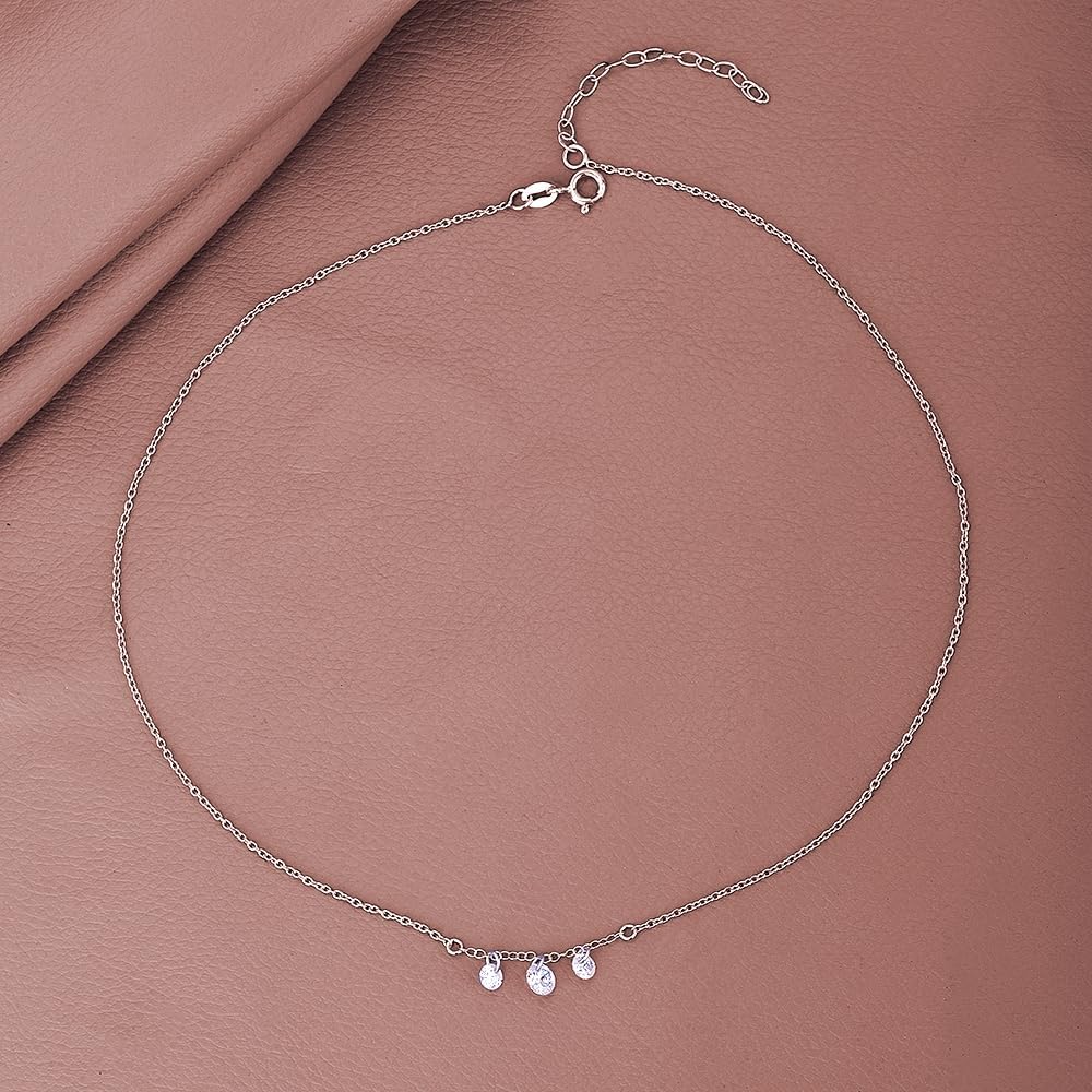 Vanbelle Sterling Silver Jewelry - Rhodium Plated with 925 Stamp - Hanging Stones Choker Necklace with Cubic Zirconia Stone - Elegant Handcrafted Necklace for Women - 14" Long + 2" Extender