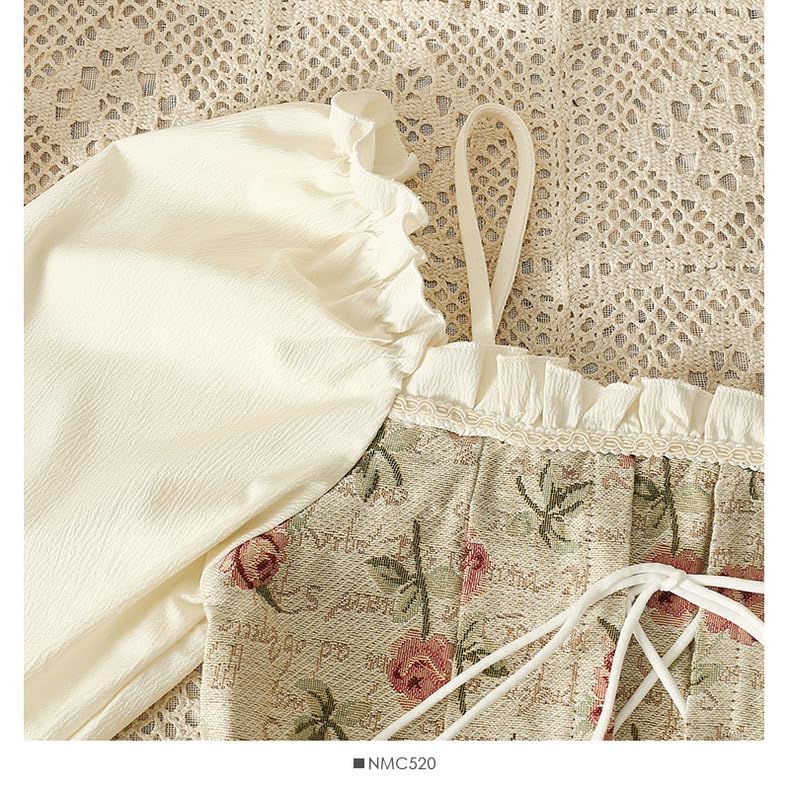 Image of ICW Women Korean Retro Style Vintage Floral Jacquard Lace-Up Off-The-Shoulder Smock Puff Sleeve Ruffled Crop Blouse Corset Top DN6021