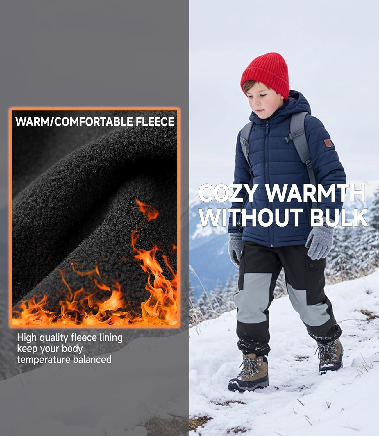 Boys Waterproof Fleece Pants Kids Cargo Hiking Winter Snow Ski Pant Trousers with Zipper Pockets
