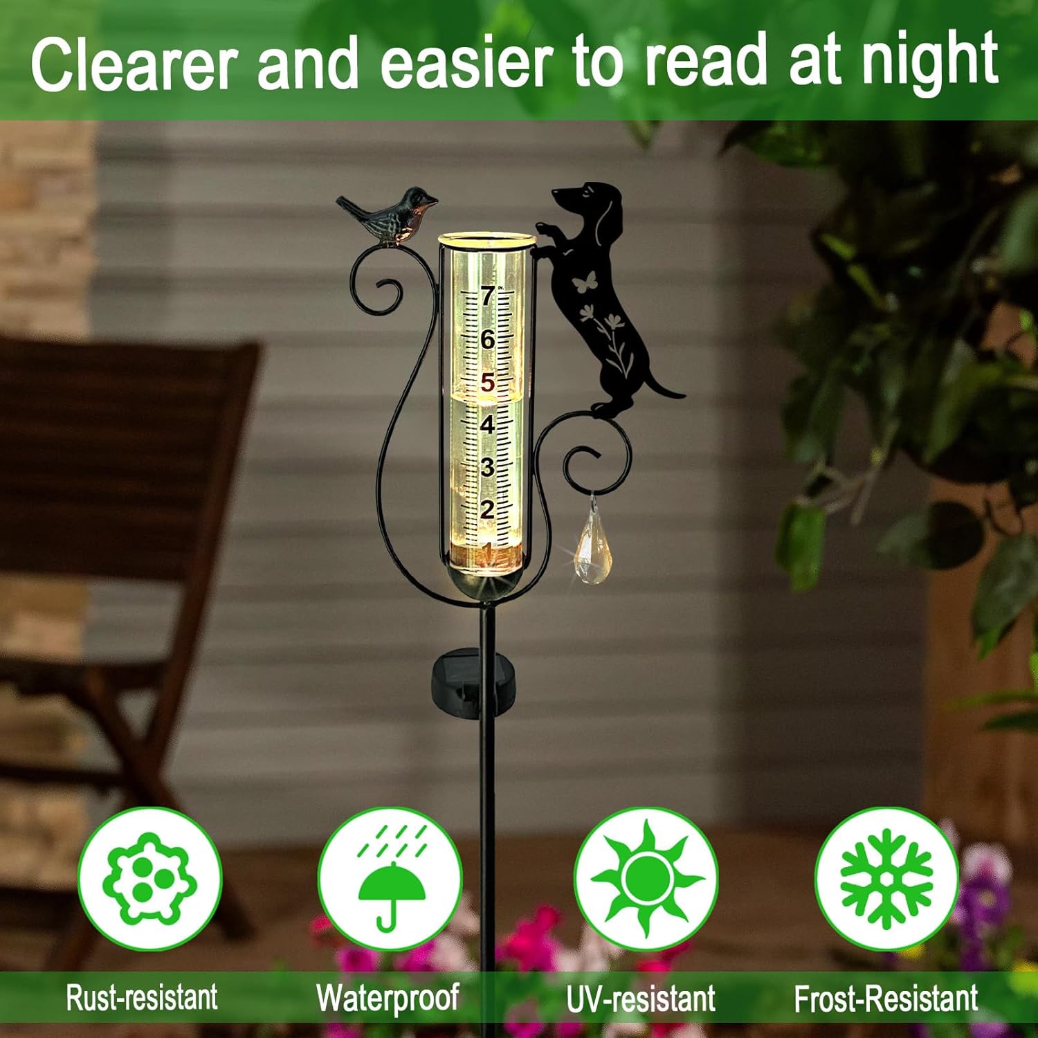 Dachshund Dog Rain Gauge Outdoor,Solar Powered Decorative Metal Dog and Bird Garden Stakes,Rain Gauges for Yard,Pathway,Lawn