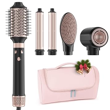 MESCOMB 5 in 1 Dual Voltage Hot Air Styler - Professional Hair Dryer Brush for Fast Drying, Curling, Straightening & Volumizing | Low Heat Damage + Negative Ions + Travel-Friendly,Black Grey
