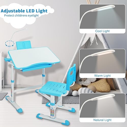 Miniatura 6 de Juego de escritorio y silla ajustable para estudiantes, escritorio escolar para niños de 3 a 15 años con escritorio inclinable de dibujoluz LED,