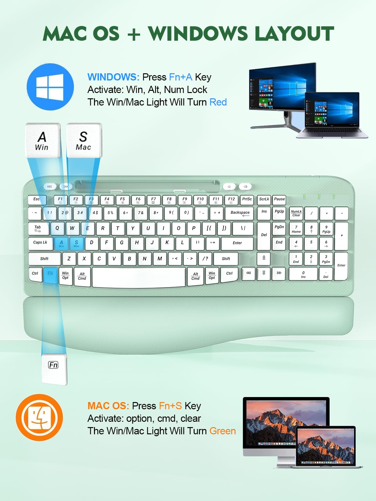 EAYBLLY Wave Keys Bezprzewodowa ergonomiczna klawiatura z amortyzowanym podparciem dłoni, wygodne naturalne pisanie, do dużych dłoni, 2,4 GHz, pełnowymiarowa bezprzewodowa klawiatura komputerowa USB