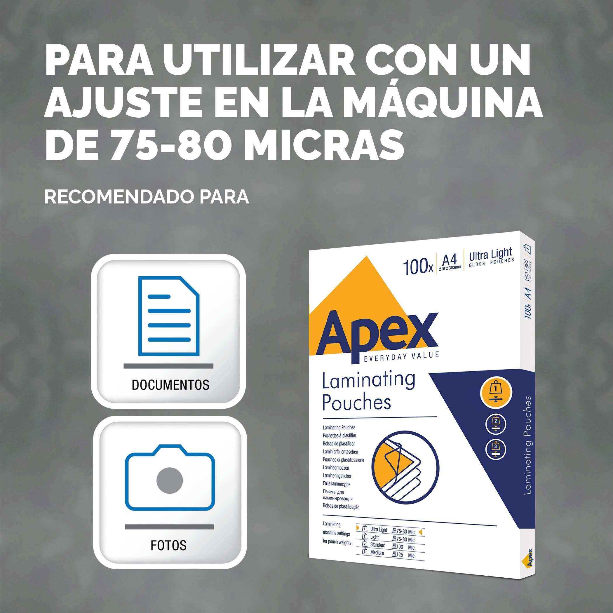 Fellowes Apex A4 Fundas de plastificar, acabado brillante, 100 Hojas - Super-Flex - Adecuadas para avisos y fotos