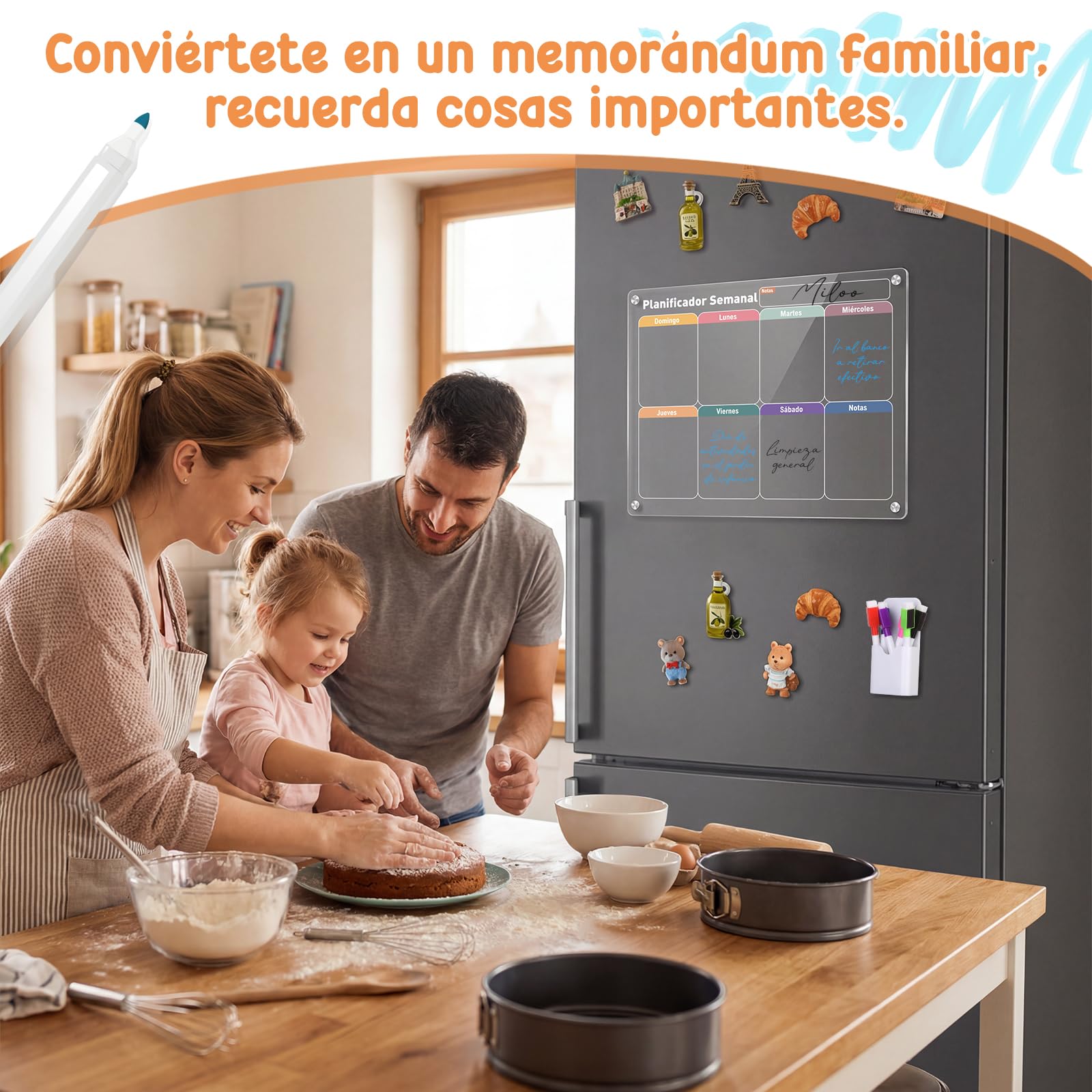 Kesote Calendario y Pizarra Magnética para Nevera en Español 40cm×30cm Planificador Semanal y Mensual de Metacrilato Transparente, Incluye 6 Rotuladores, Borrador y Soporte Magnético para Rotuladores