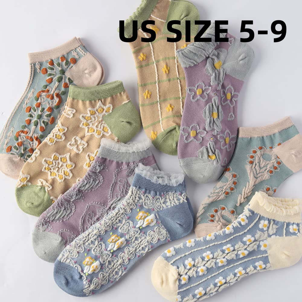 ELLEES 5/6/7/8/10 Pairs Cute Women Socks Gifts Floral Ankle Hiking Socks Thin Soft Cotton Socks Cozy Crew Socks (8 Pairs[Vintage Floral])