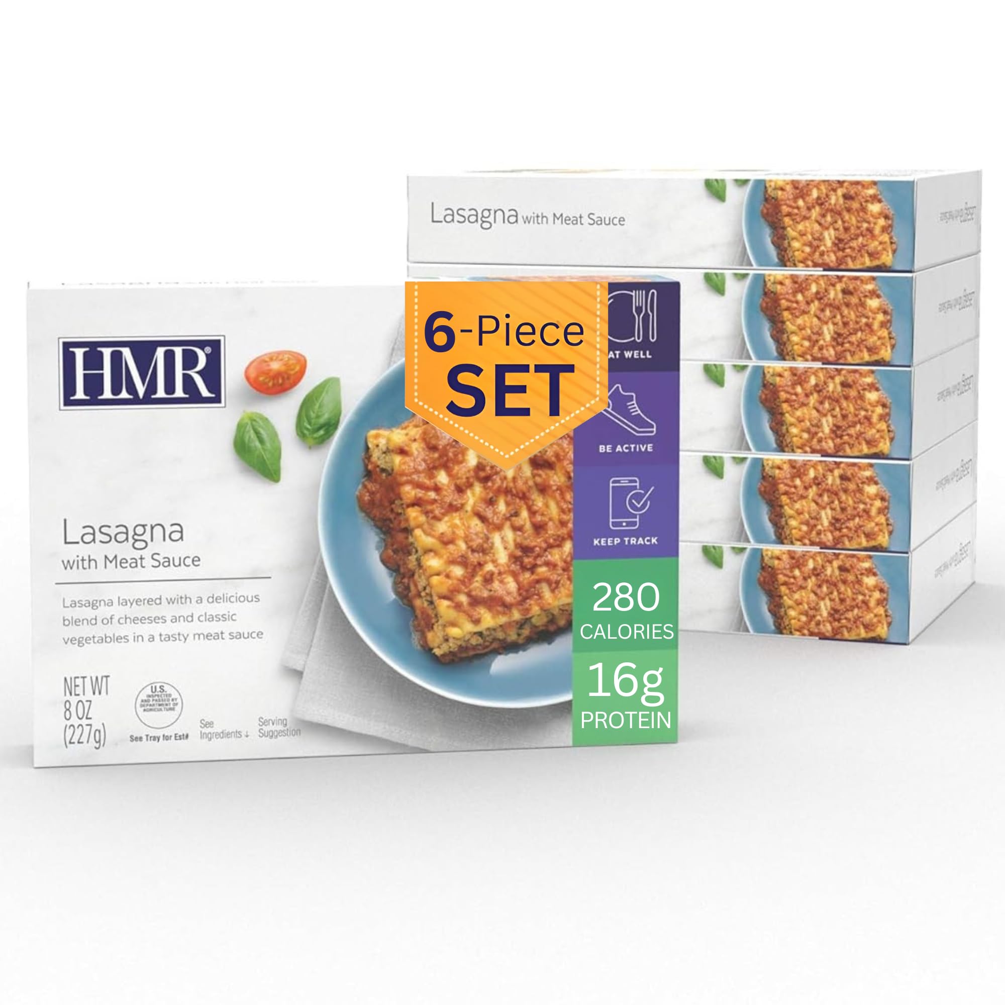 Lasagna with Meat Sauce Entrée | Pre-packaged Lunch or Dinner to Support Weight Loss | Ready to Eat | 16g of Protein | Low Calorie Food | 8oz Serving per Meal | Pack of 6