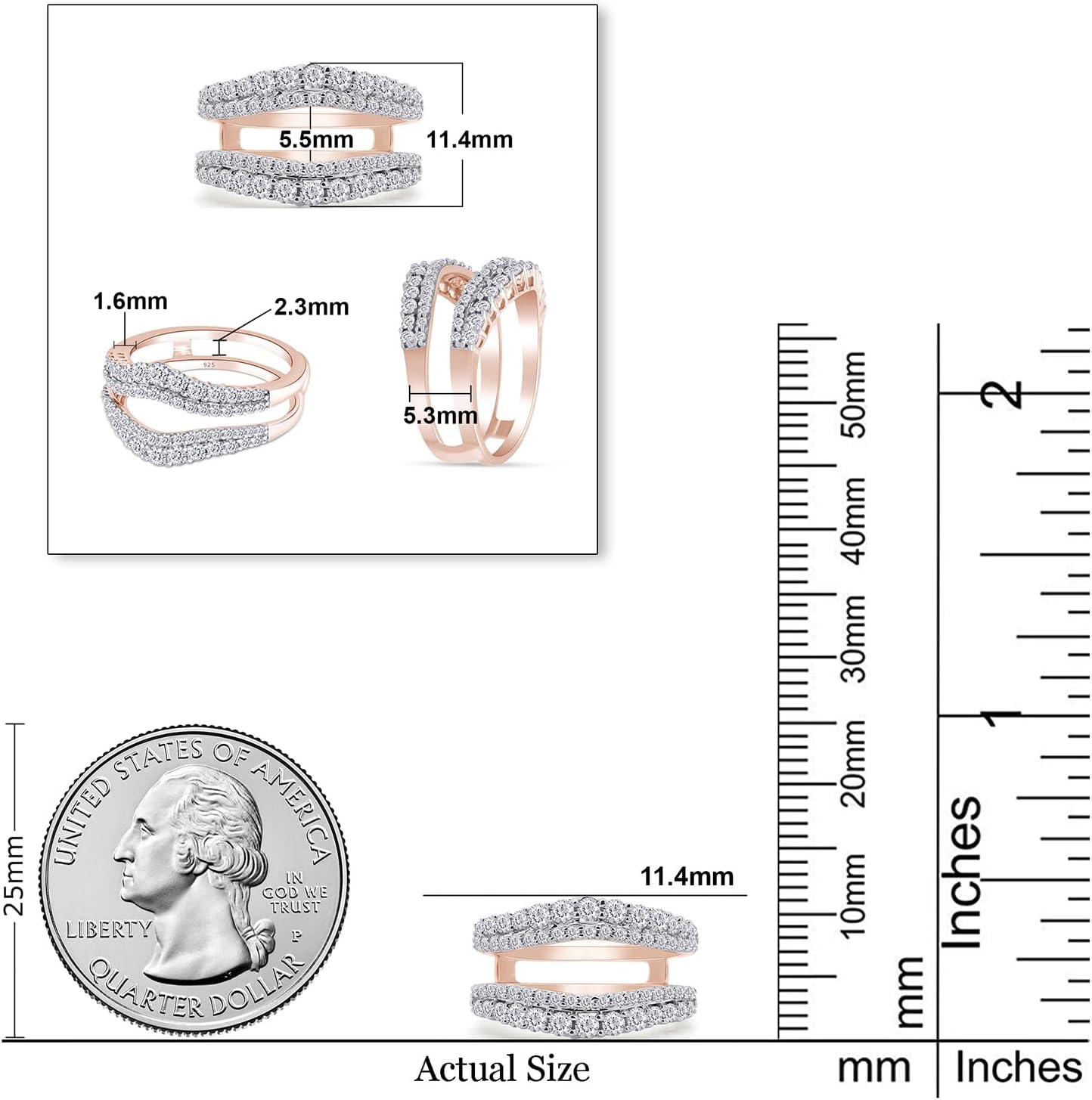 Curved Enhancer Guard Ring for Women Round Lab Created Moissanite or Lab Grown Diamond Double Row Pave Set Wedding Bands in 14K Gold Plated 925 Sterling Silver Jewelry Gift for Her