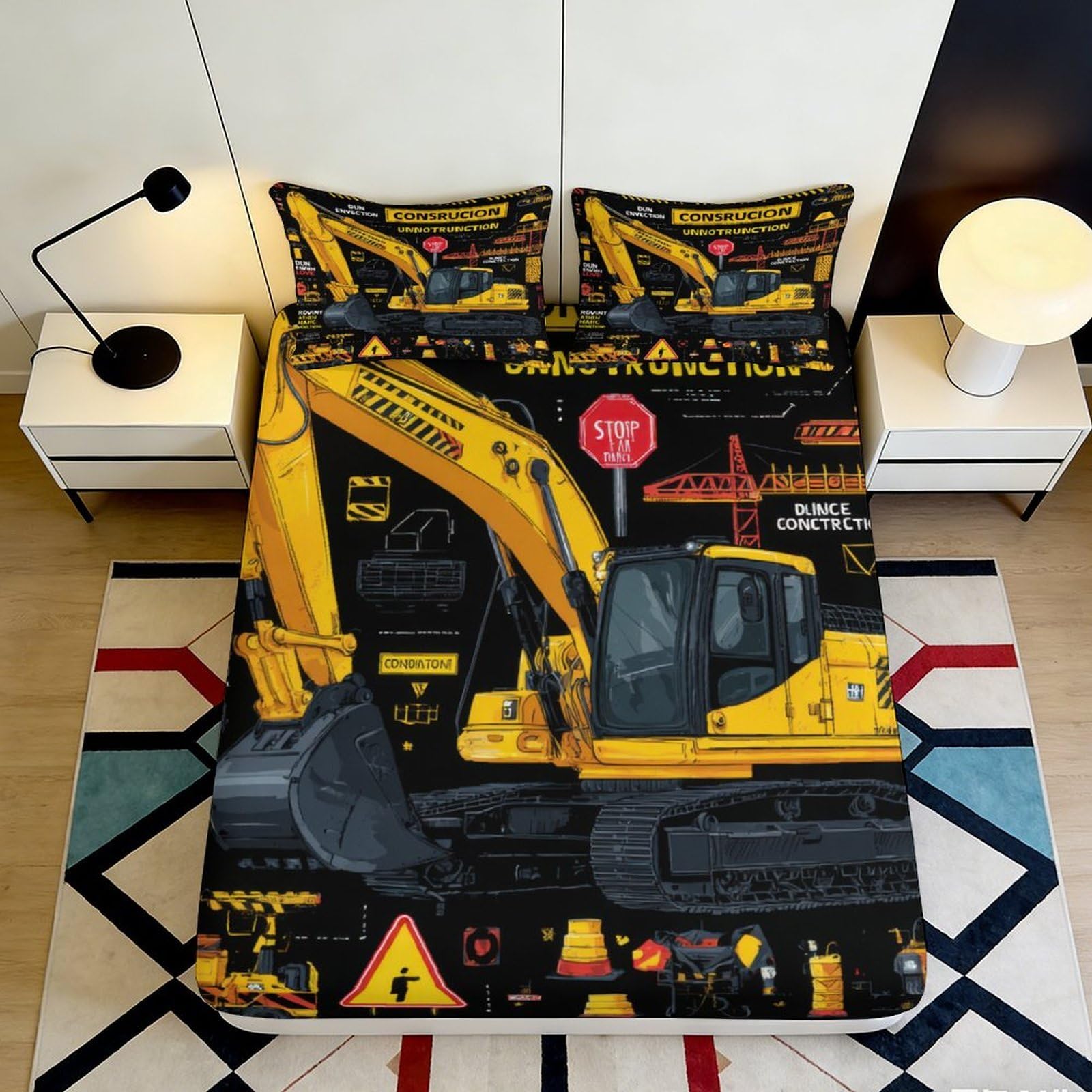 3D Printed Excavator Fitted Sheet Microfiber Anti-Slip Construction Bed Sheet for Bedroom Dorm Easy Care Decor 90x200x25cm
