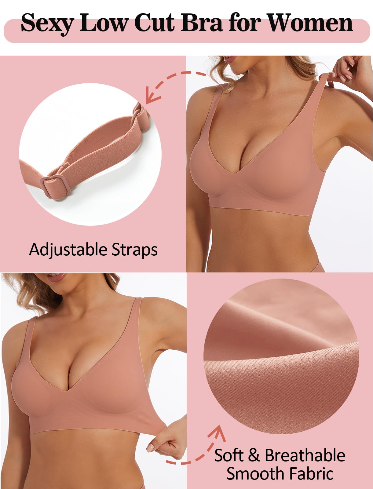 Deep V Bra Low Cut Sexy Push Up Bralette Seamless Comfy Smoothing Wireless Bras for Women Pack of Padded Bralettes