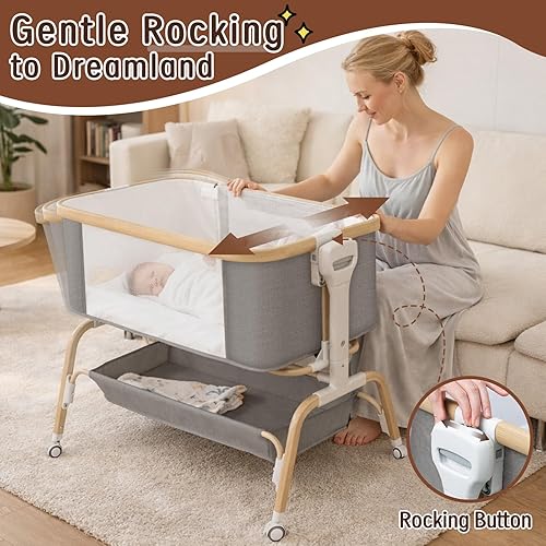 Miniatura 2 de Moisés mecedor para bebé, cuna portátil desmontable y cuna ajustable con 8 alturas, malla transpirable, cesta de almacenamiento y juguete móvil para