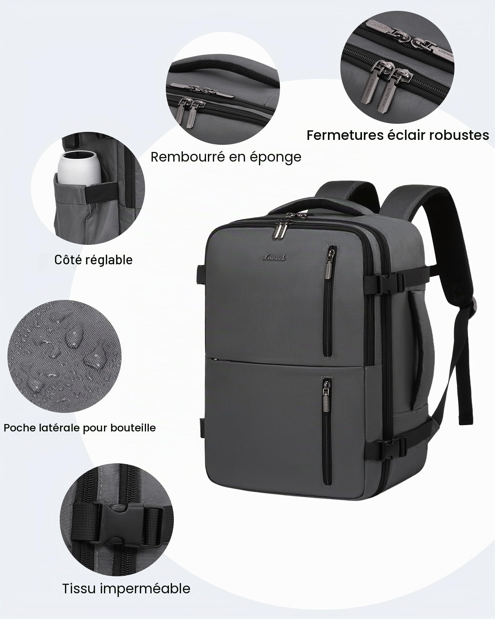 LOVEVOOK Sac a Dos Voyage Avion 40x30x20, Bagages Cabine, Bagage à Main Valise 24L, Port USB, Femme Homme, Ordinateur Portable 14 Pouces, Travail, Affaires, Gris