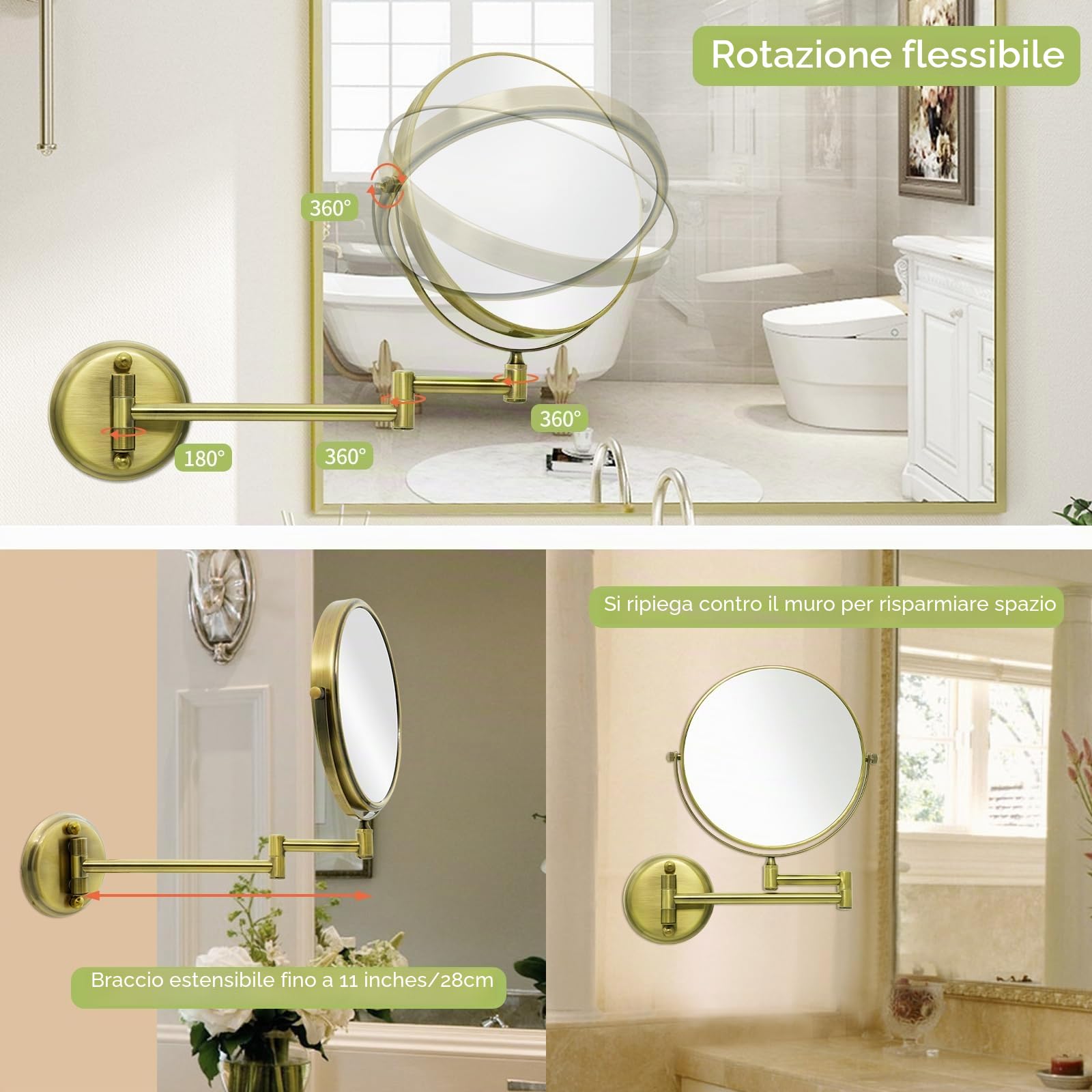 Nicesail Specchio Ingranditore da Parete 10x,Specchio Estensibile da Bagno Oro Bronzo,Specchio Bifacciale con Braccio Flessibile,Specchio per Barba Uomo,Diametro 20 cm