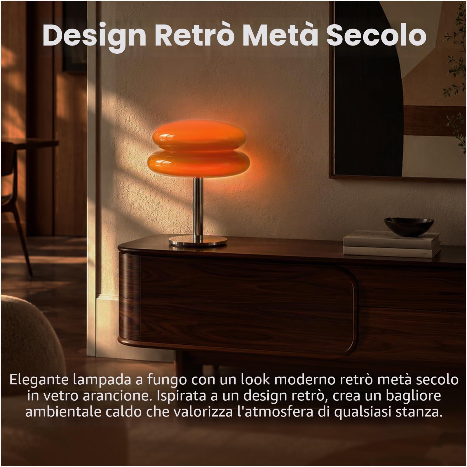 MMOBIEL Lampada a Fungo Arancione Lampada da Tavolo Mid Century con luce LED Dimmerabile con Cavo – Per Camera da Letto, Soggiorno, Decorazione Casa & Interni – In Vetro, Luce Calda & Atmosfera
