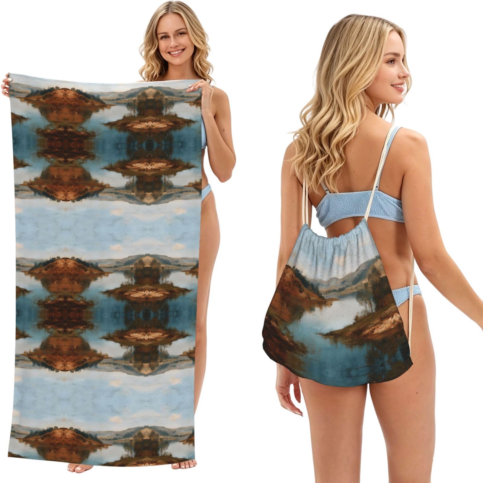 EZDLOWVBA Lake Landscape Print Beach Towel Backpack 2 In 1 Summer Large Lightweight Beach Towel - Multifunctional Ship Pattern Towel Bag For Storage,Sport