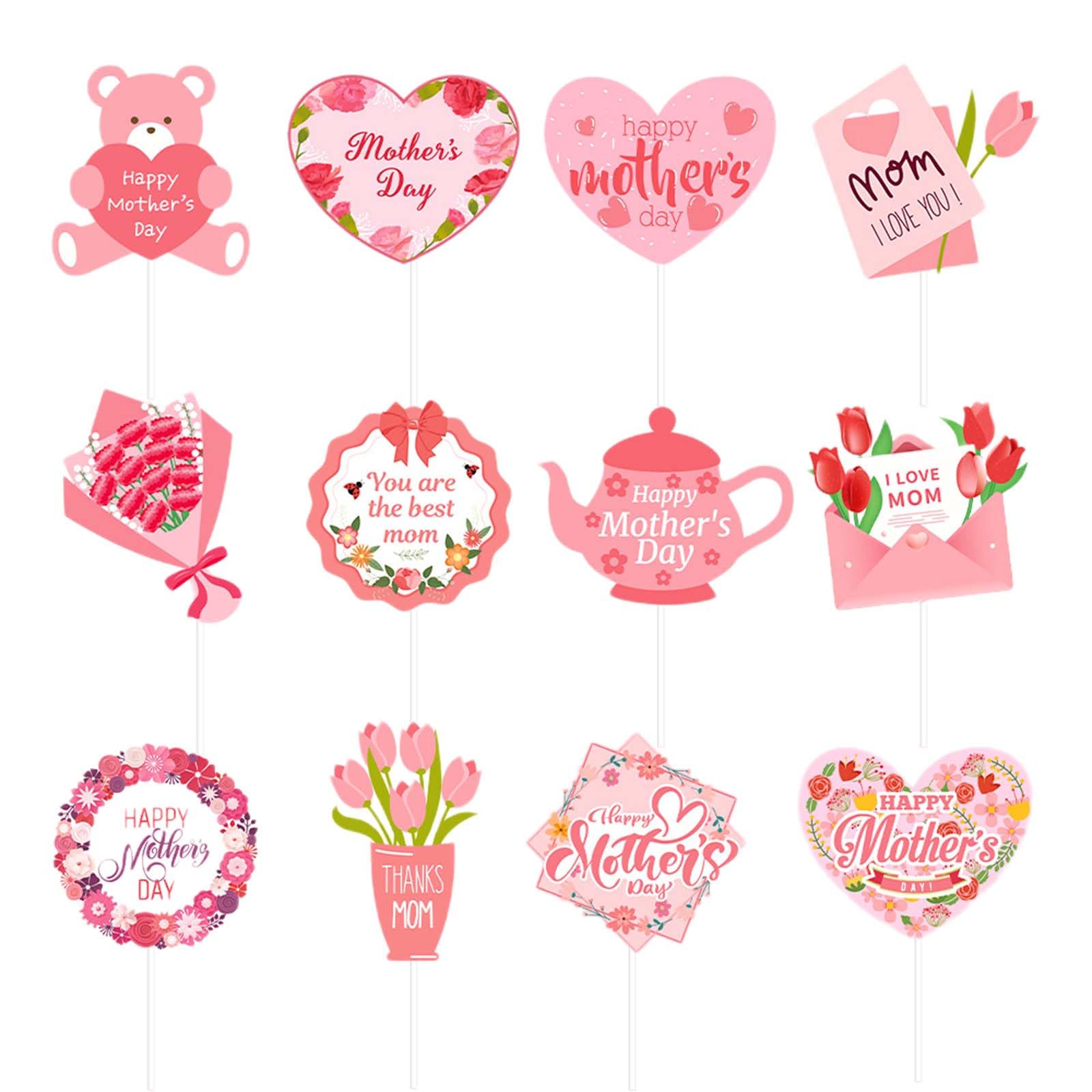 12PCS Happy Mother's Day Cupcake Toppers Decorations Mom I Love You Are the Best Mom Toothpicks Sticks with Heart Tulip Bouquet Bear Assorted Patterns